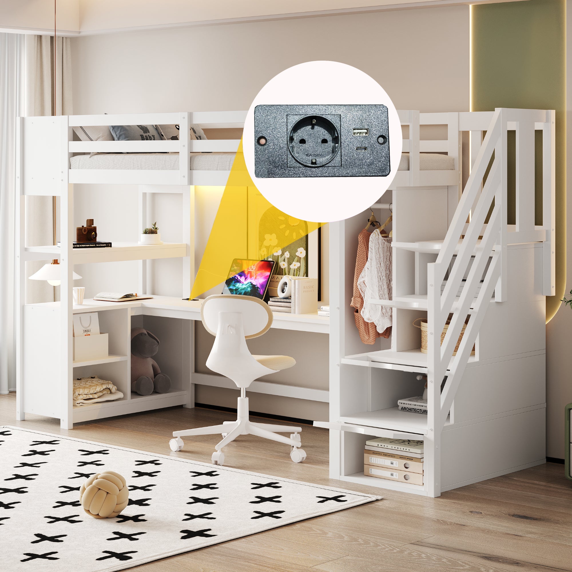 Lit mezzanine en bois 90x200cm avec bureau et éclairage LED, lit superposé enfant avec penderie, escalier rangement, Prises EU, naturel (sans matelas) - 2