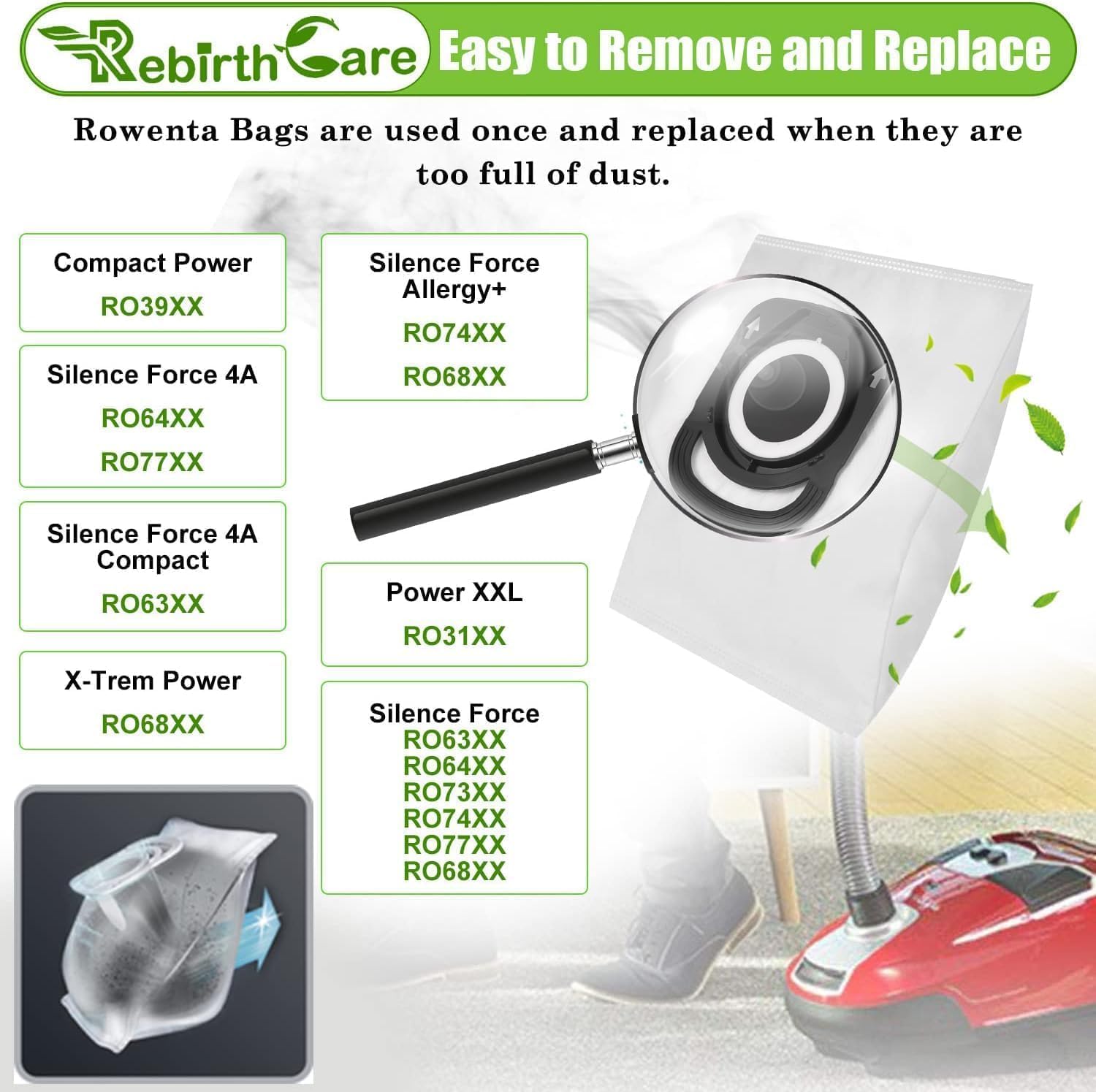 Sacs Aspirateur Rowenta - Lot de 10 Sacs Hygiène, Compatibles Modèles Silence Force, Compact Power et Plus - 3