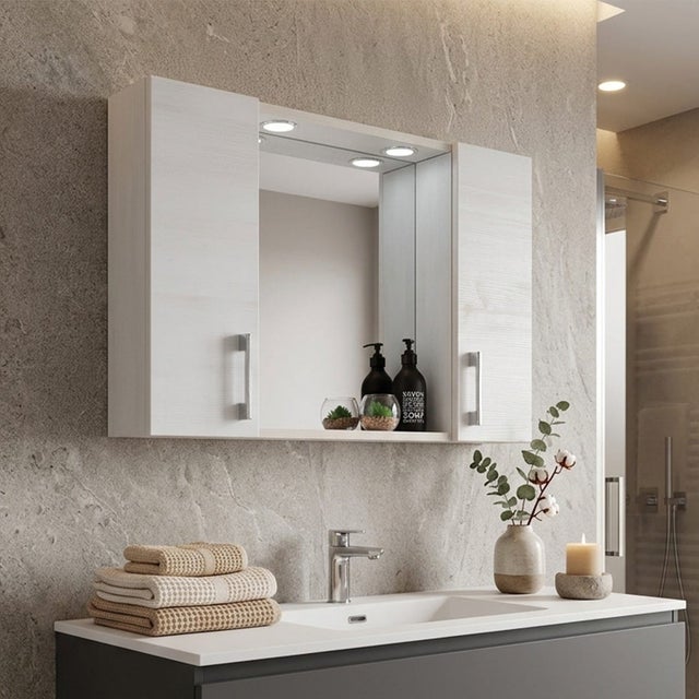 Miroir de salle de bain à conteneur avec deux éléments muraux en chêne blanc et une lampe à del