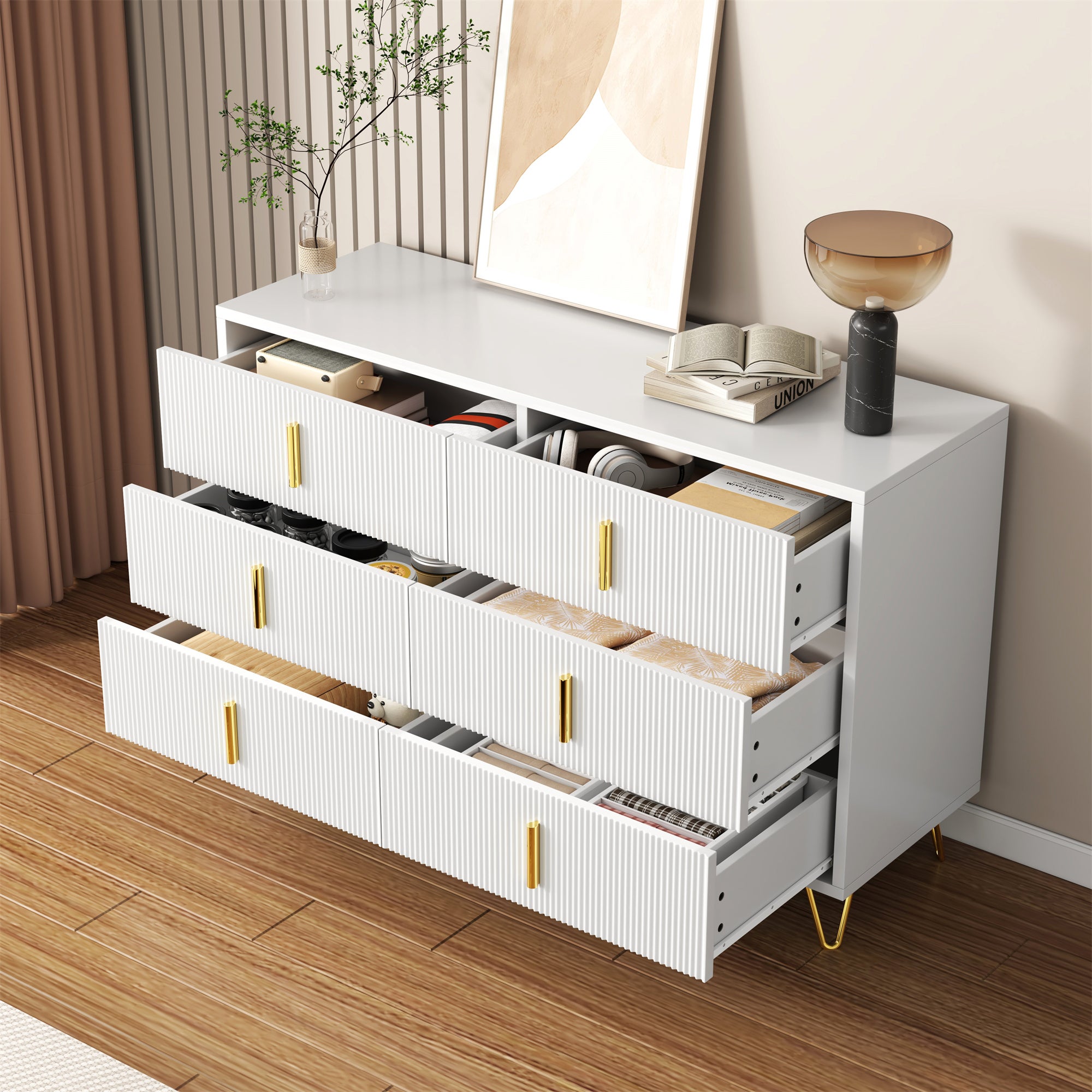KOMHTOM Buffet Beige avec Portes en rotin, Meuble de Rangement avec 2 Portes et 3 tiroirs pour