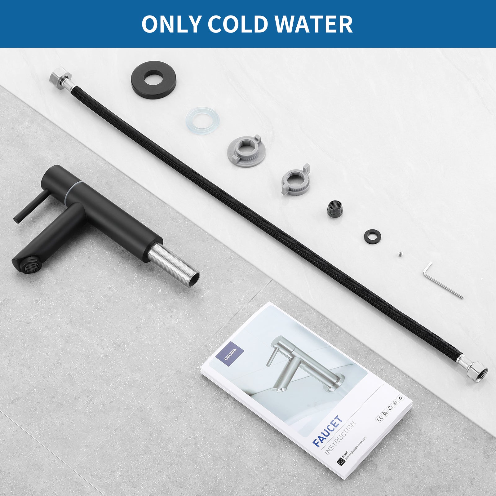 Cecipa max Robinet de lave-main Robinet de Lavabo, Robinet eau Froide, Robinet de Lavabo Noir, Avec Aérateur Remplaçable,EU Modèle - 9