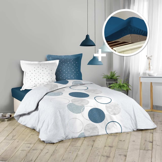 Pack housse de couette 260x240 cm voie lactee + drap housse 160 x 200 bleu