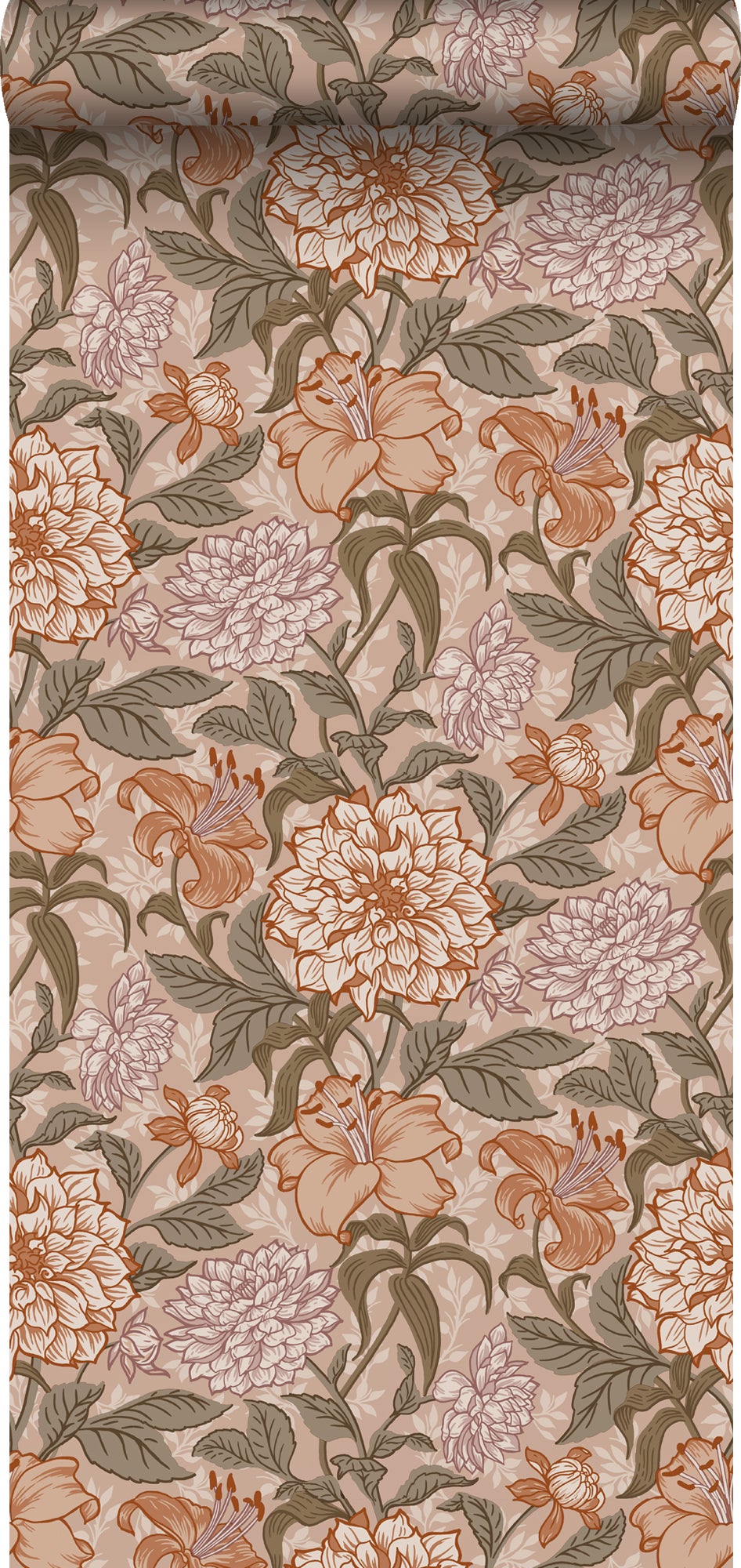 Papel pintado flores vintage rosa viejo, verde grisáceo y rosa terracota - 53 cm x 10.05 m - estahome