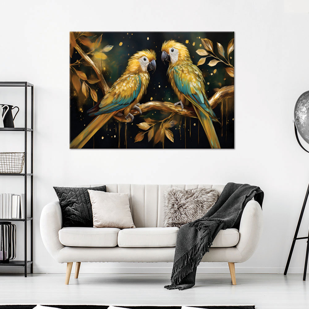 Obraz na płótnie, Papugi Ptaki Złote 90x60