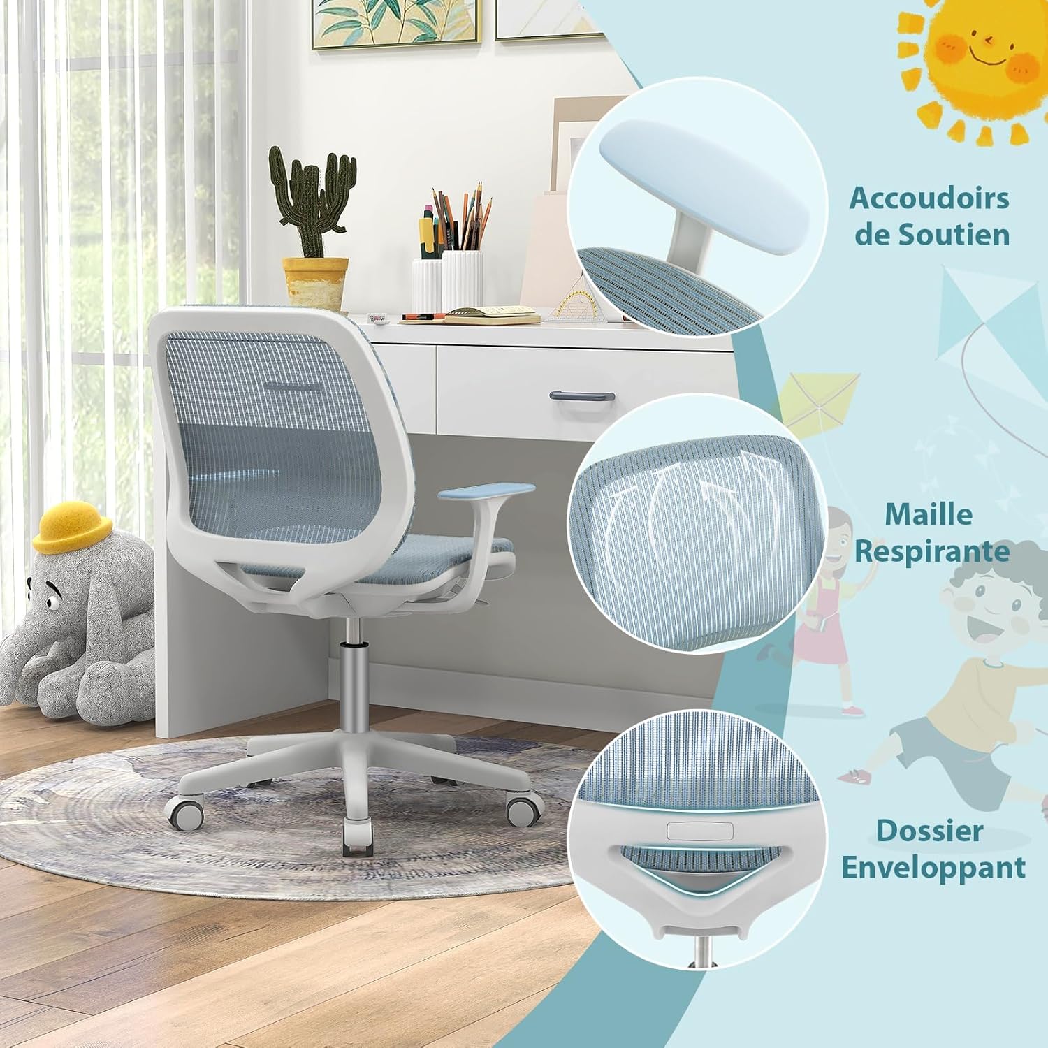Chaise Bureau Enfant, Chaise d'Étude Ergonomique avec Coussin en Éponge, Hauteur de 43-55 CM, Fauteuil Bureau Bleu pour enfant 6 à 15 Ans, Bleu - 9