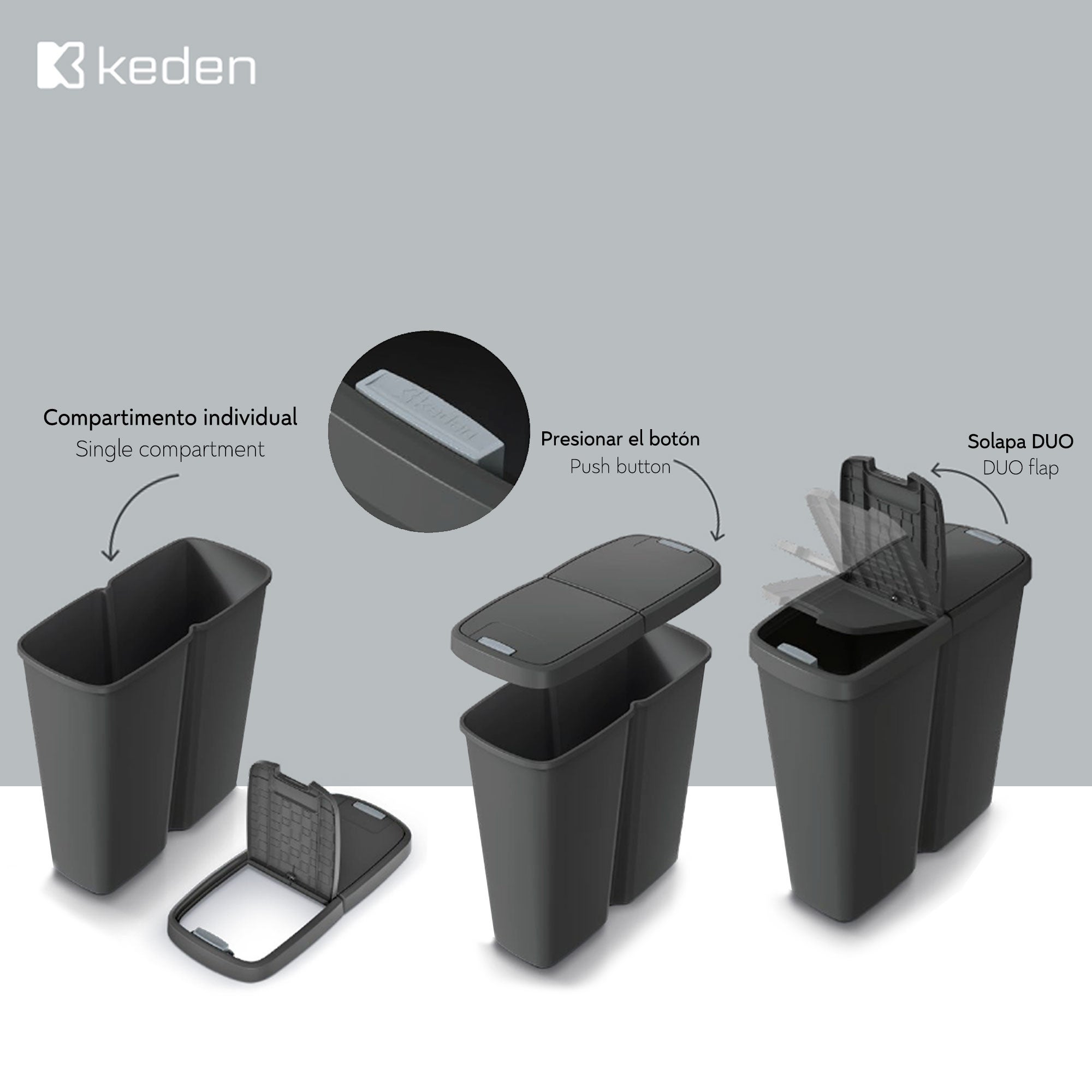 Cestino de 2 coperchi indipendenti Black Keden di 45L. - 3