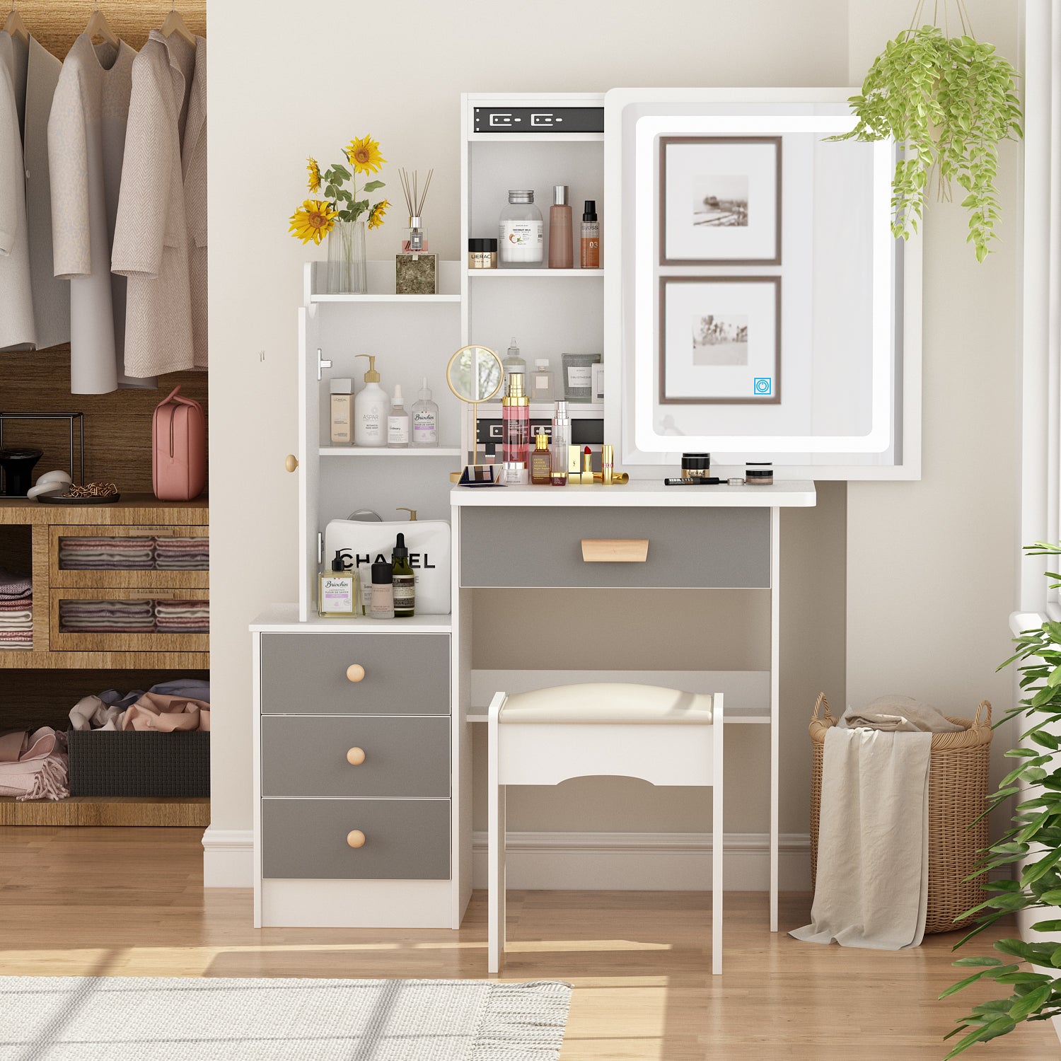 Coiffeuse Avec Miroir LED Et Étagères Hislaves – Blanc – Dimensions 60x40x126 Cm – Tiroir Et Éclairage Réglable 3 Couleurs