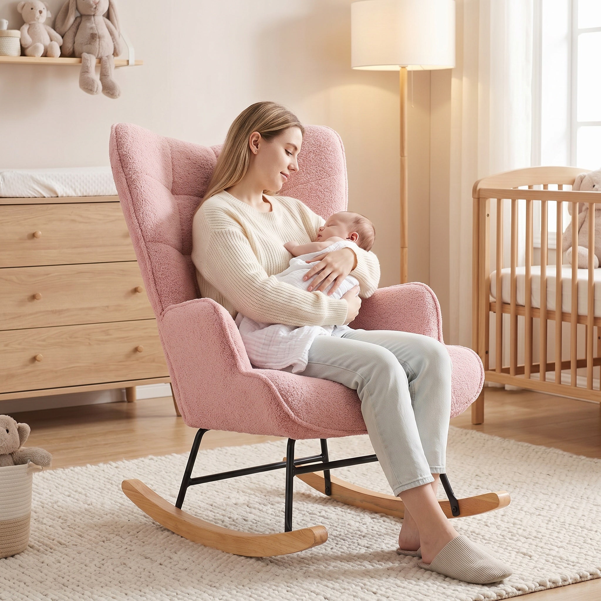 Fauteuil à Bascule, Rocking Chair d'Allaitement - Structure en métal et pieds bois massif, Maximale : 150 kg, Tissu Peluche Teddy, Rose, 75x68x92 cm - 7