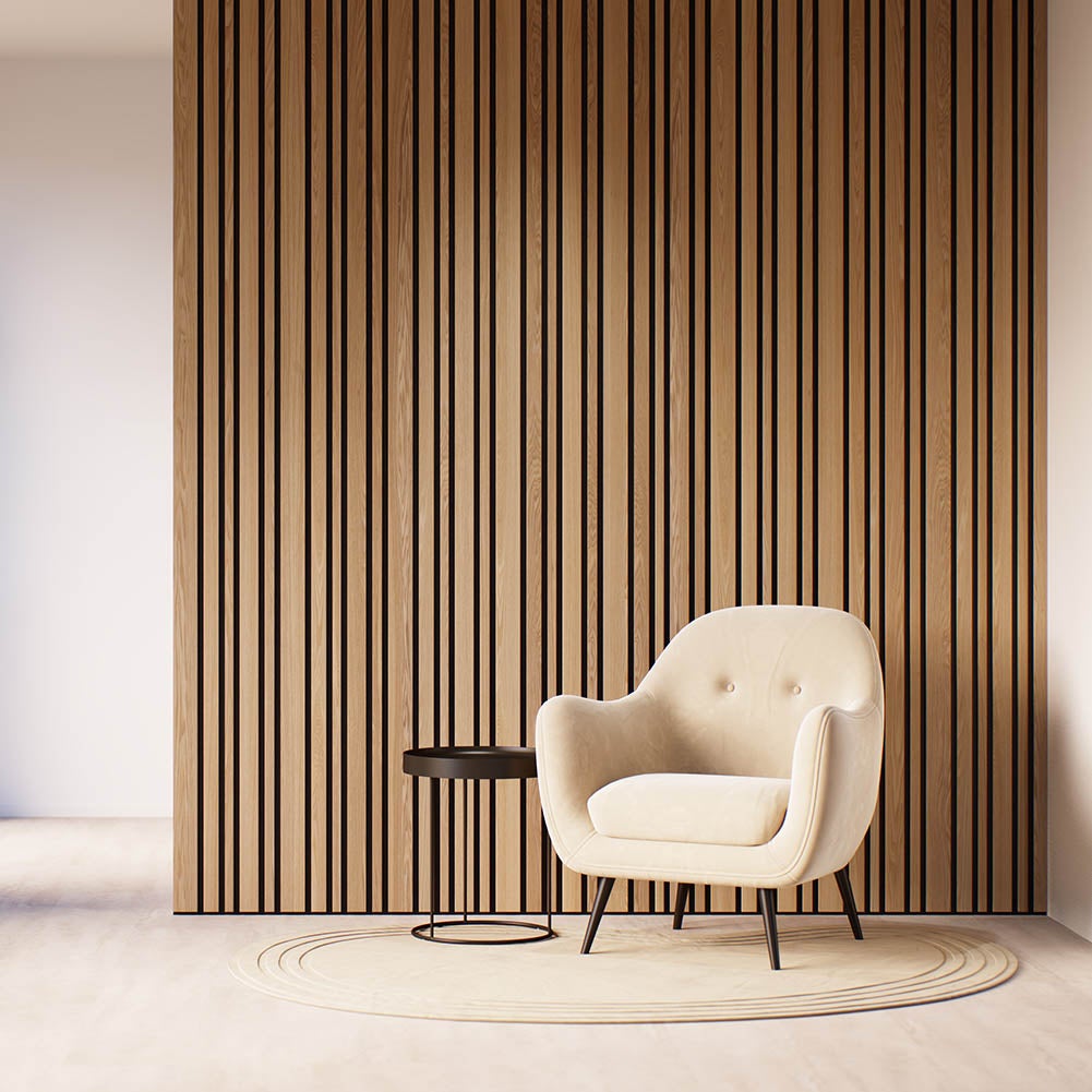 Lot de 2 Panneaux tasseaux bois MDF acoustique design BLEND chêne bronze sur fond noir 2600 x 300 x 17 mm - 1,56 M2 PEFC 70% - 5