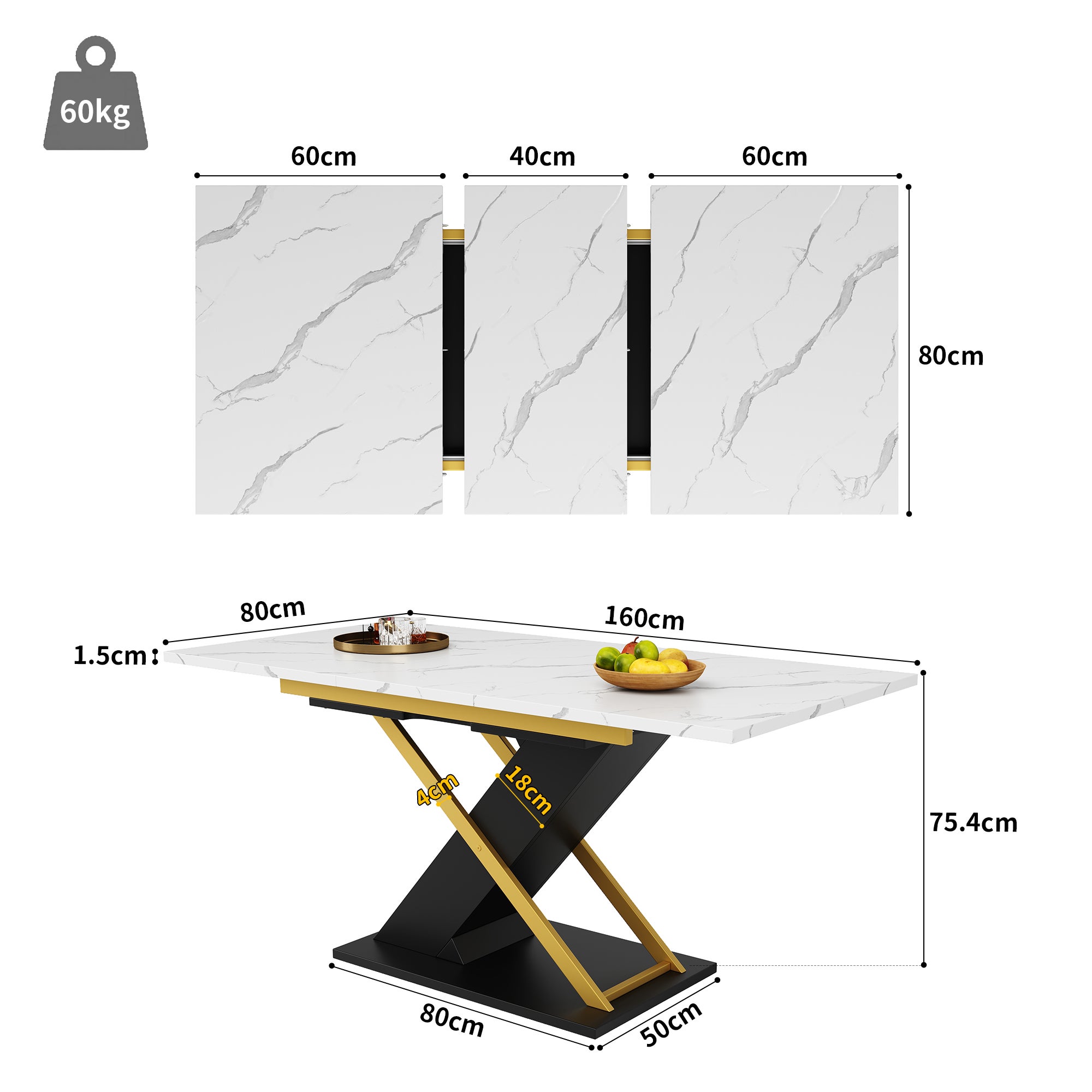 Table à manger extensible 4 à 6 couverts - 120/160 x 80 x 75.4 cm - MDF + Pieds en métal crosés - Blanc + noir - 2
