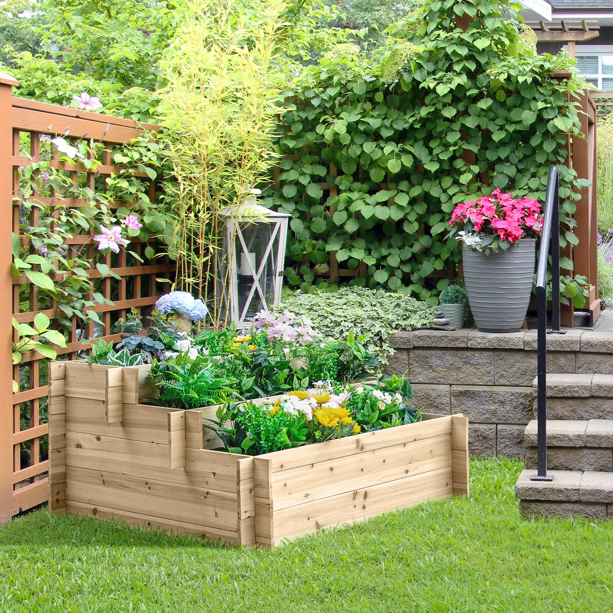 Jardinière surélevée en bois à 3 niveaux,pour potager d'extérieur,fleurs,légumes et herbes aromatiques,120x100x54cm - 3