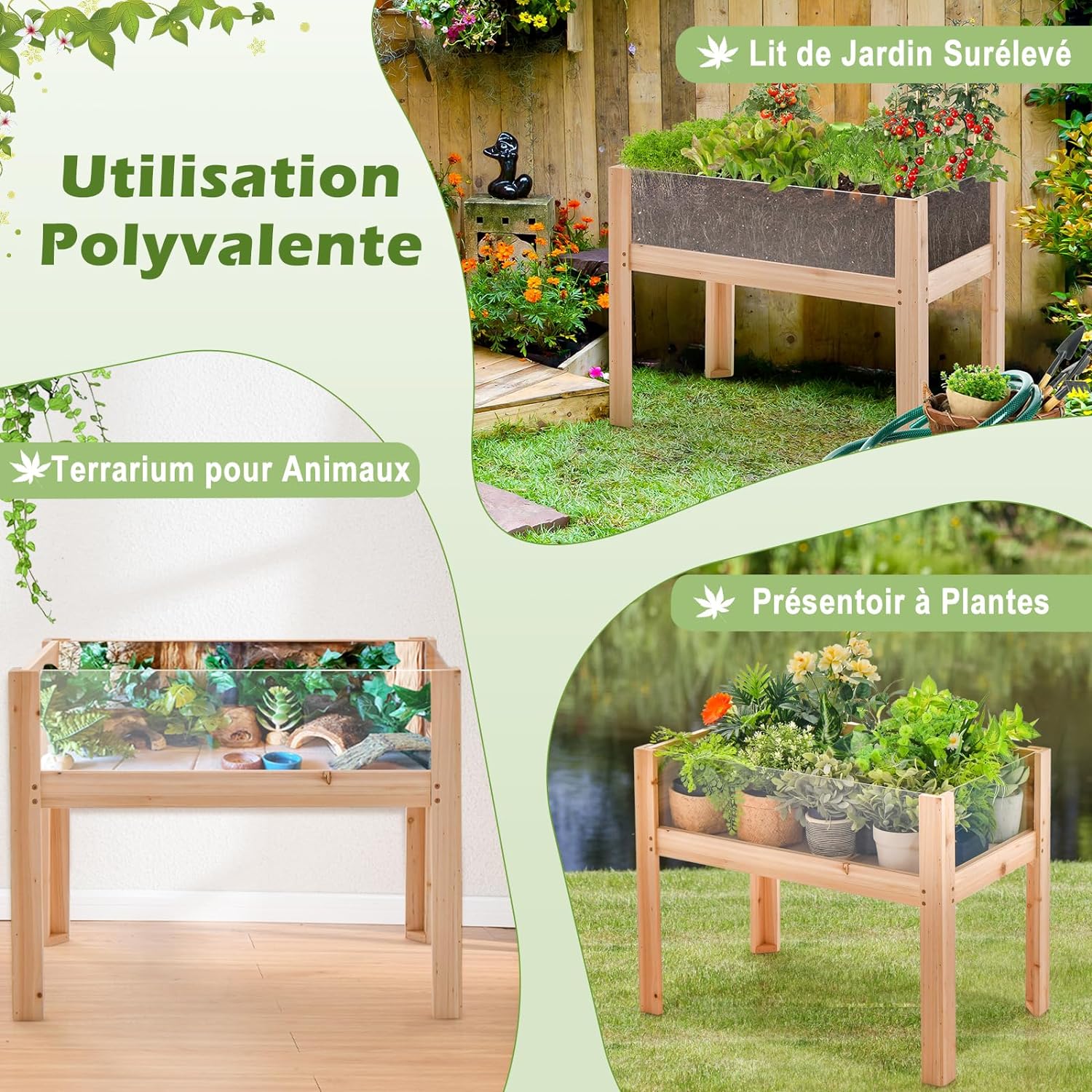 Carré Potager sur Pieds avec Panneau Acrylique, Lit de Jardin Surélevé en Bois, Trous de Drainage, Plates-Bandes Mobiles, 50L - 6