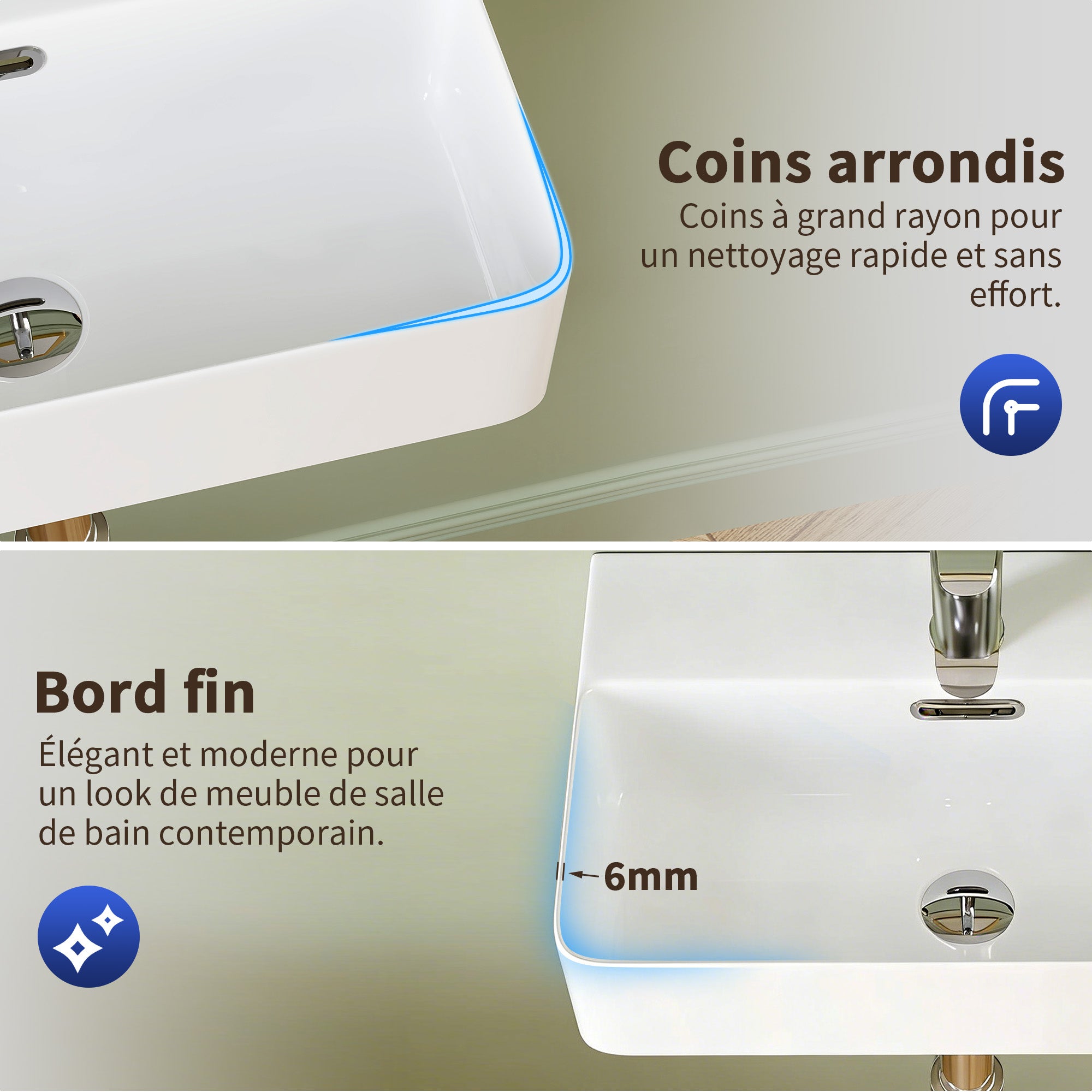 Vasque lave-main 46 cm céramique – Bord fin, coins arrondis – Bonde & trop-plein inclus – Vasque salle de bain à poser ou mural – Idéal lave main wc - 6