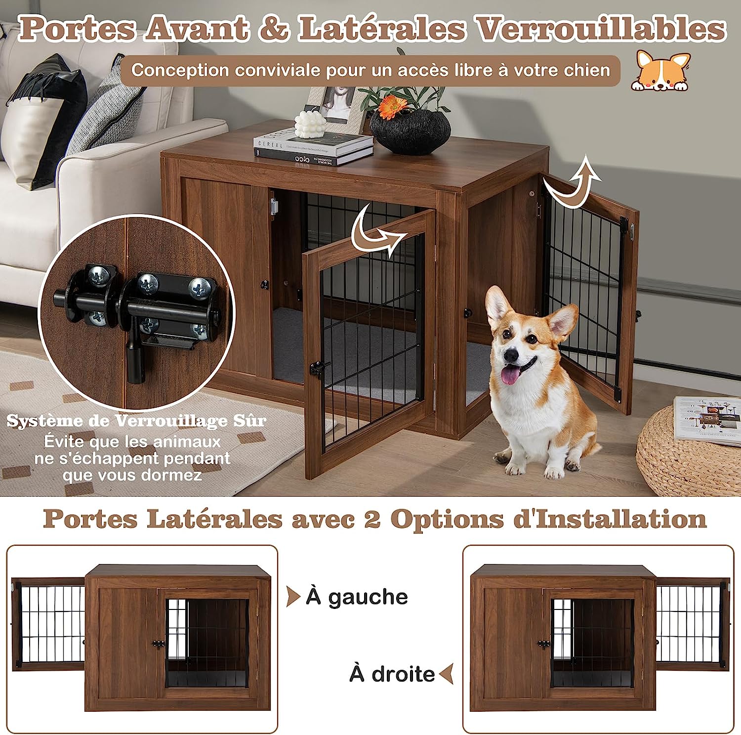 Mueble Jaula para Perros, Mesa de Centro con Cojín, Doble Puerta