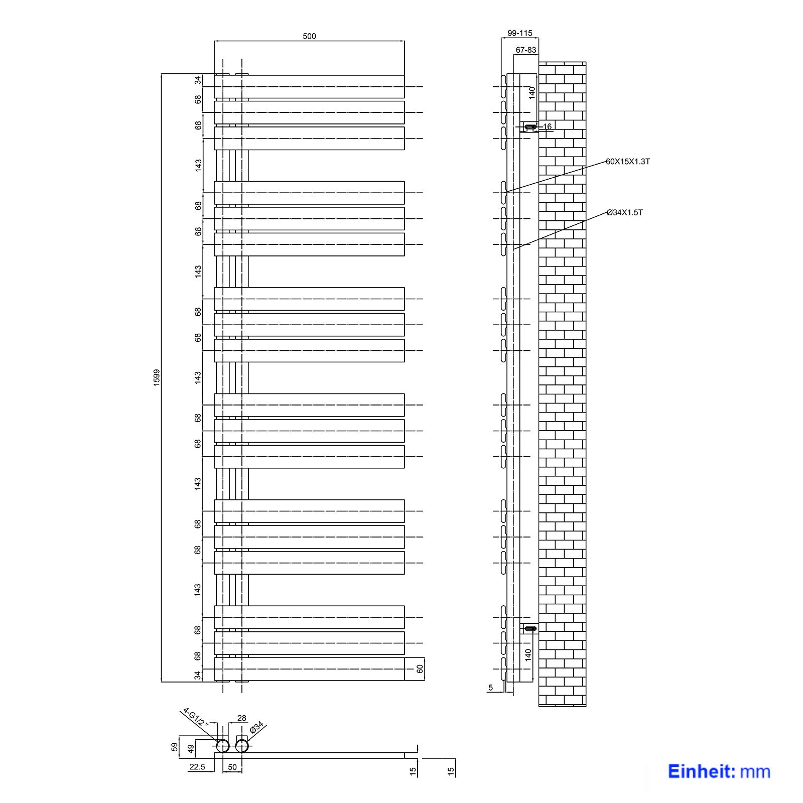 EMKE Grzejnik Łazienkowy 794W, 159,9x50 cm, 4 bar, do 8 m² – Czarny - 5