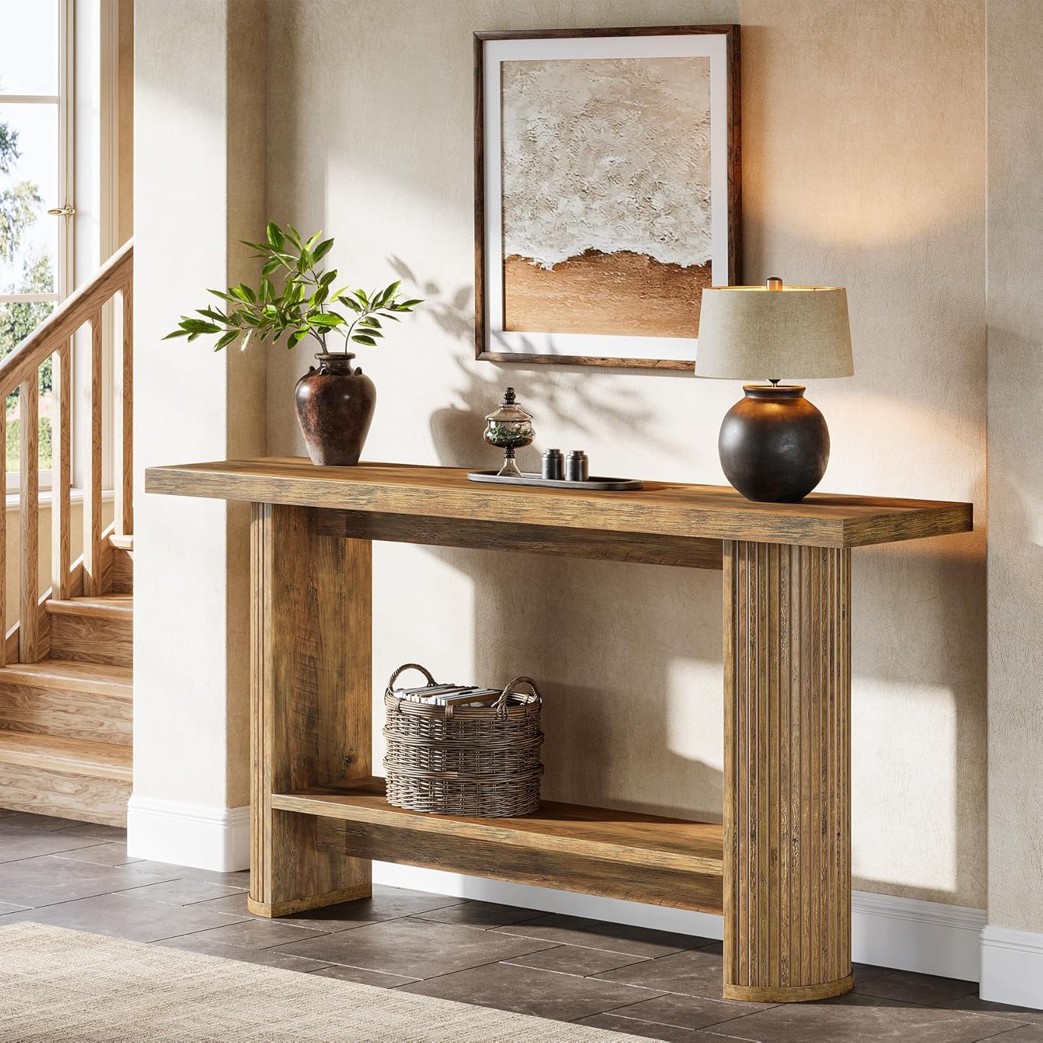 Tribesigns Console,table d'entrée/table de canapé étroite avec 2 étagères, 140 x 30 x 80 cm, en bois, marron - 4