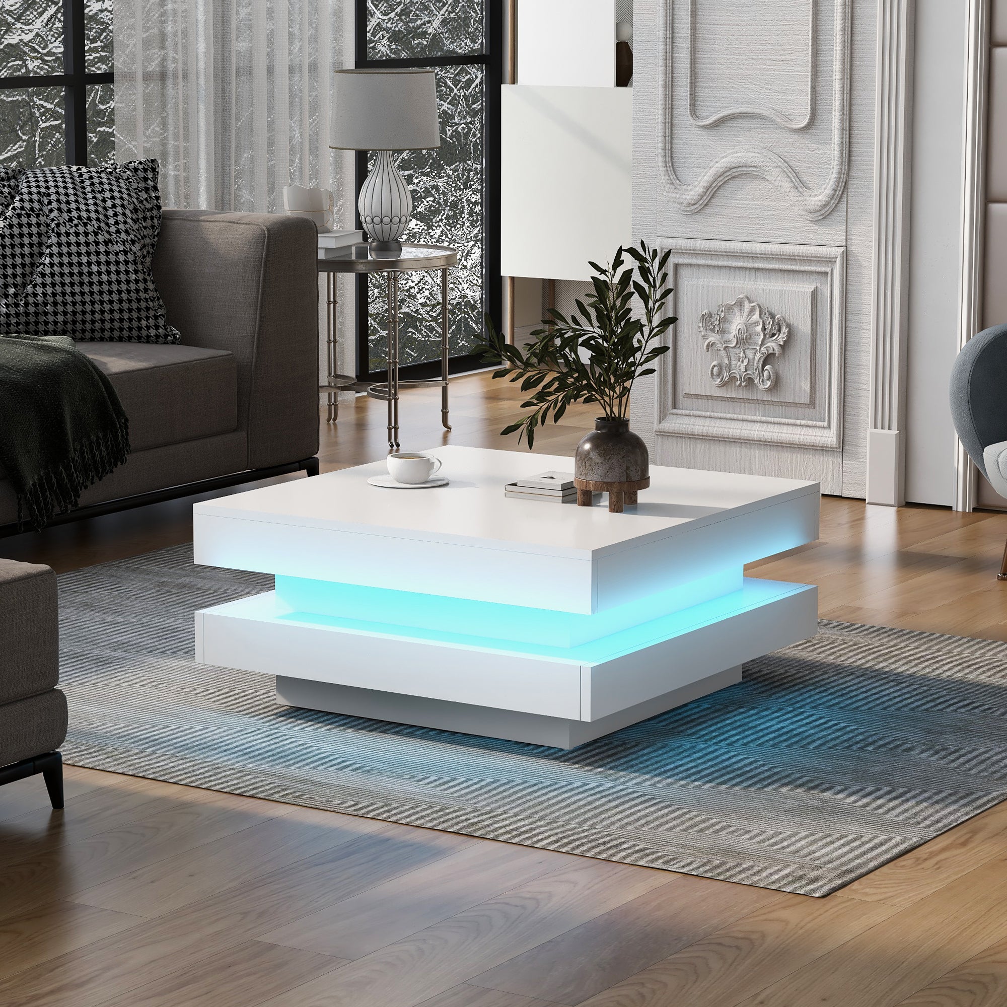 Stolik kawowy kwadratowy 70 x 70 x 36 cm z diodami LED - Płyta wiórowa - Nowoczesny i technologiczny styl - Biały - 8