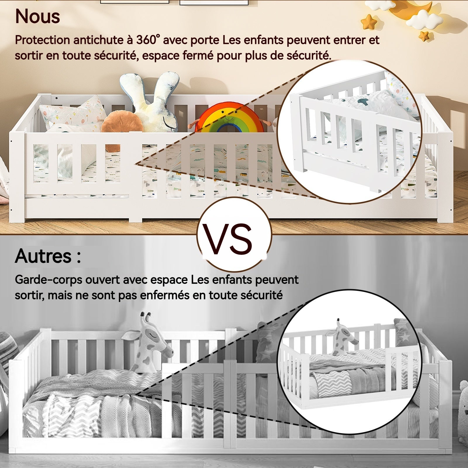 Lit Enfant 90 x 200 cm, Lit de sol en Bois Naturel de Pin Massif avec porte et Barrière de Sécurité, Lit Montessori avec sommier à lattes, Blanc - 4