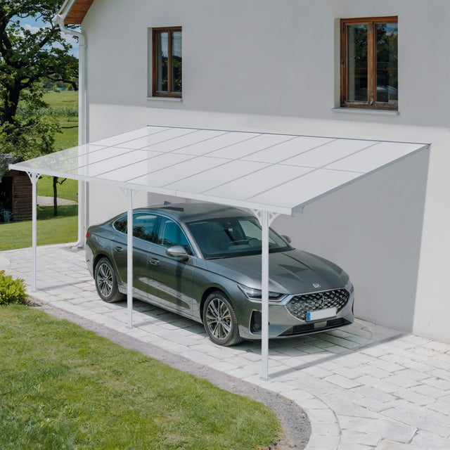 Pergola/Carport adossée 15m² KLEO 5x3m blanc - toit terrasse en aluminium et polycarbonate