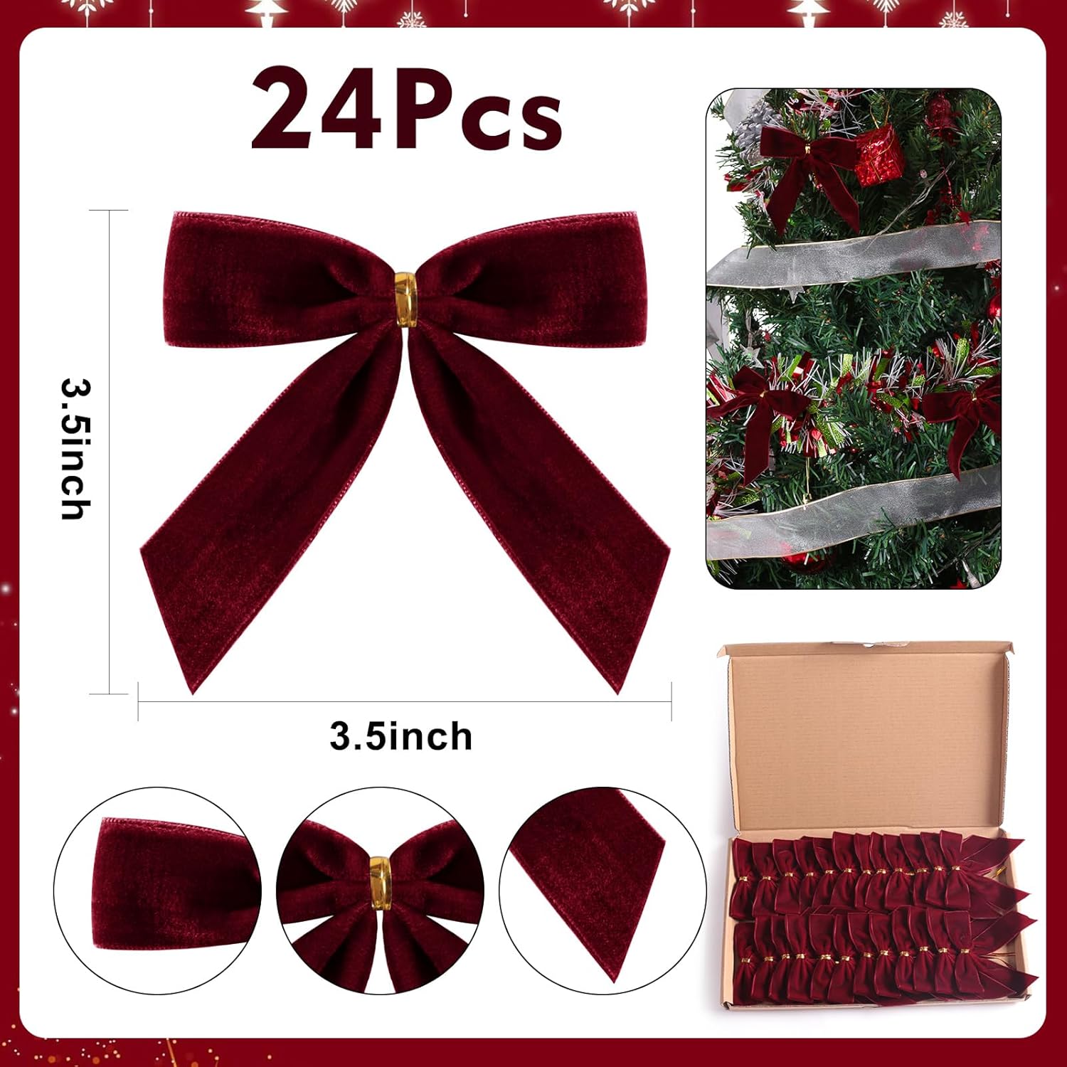 Lot De 24 Nœuds De Noël En Velours Rouge - Déco Sapin, Couronnes, Emballage Cadeaux, 8.9x8.9 Cm