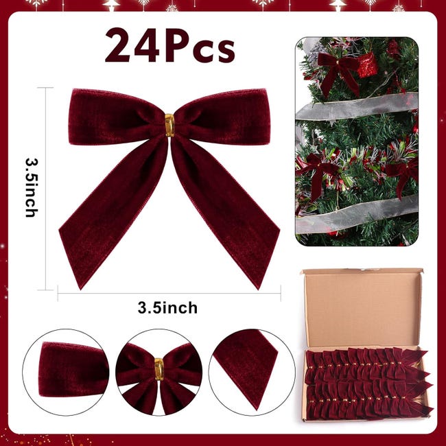 Lot De 24 Nœuds De Noël En Velours Rouge - Déco Sapin, Couronnes, Emballage Cadeaux, 8.9x8.9 Cm