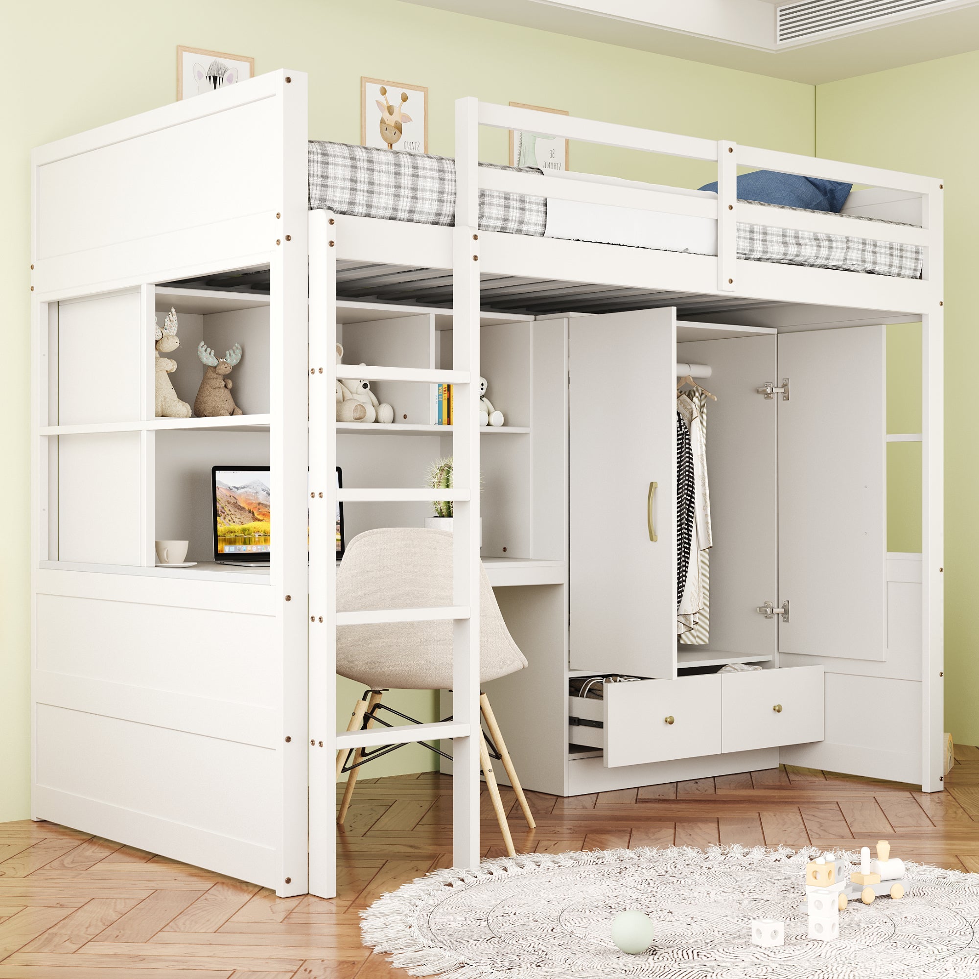 Lit mezzanine 90 x 200 cm avec escalier, rangement, bureau, placard et ...