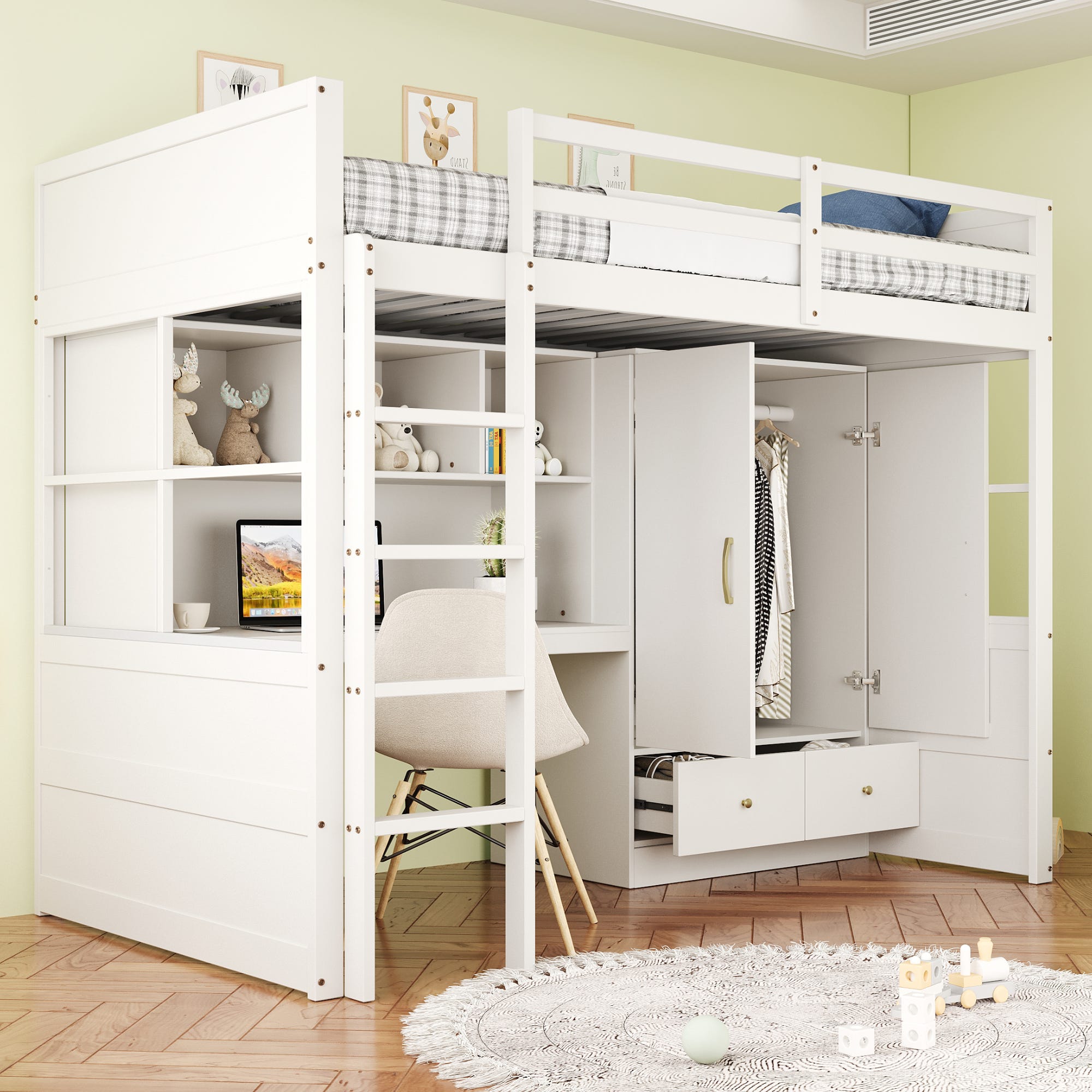 Lit mezzanine 90 x 200 cm avec escalier, rangement, bureau, placard et ...