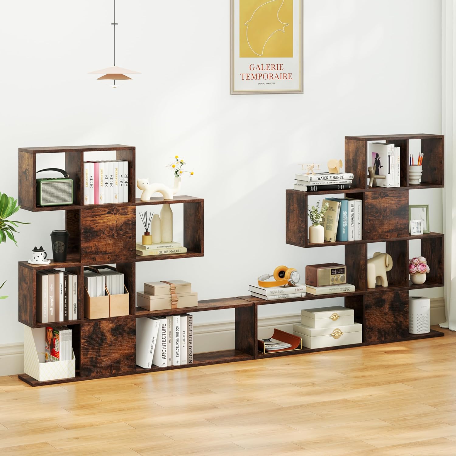 Libreria in Legno, 5 Livelli con Ante, Scaffale Multifunzionale a Forma di Scala, Ideale per Soggiorno Studio Ufficio, 120x19,5x109cm (Marron) - 9