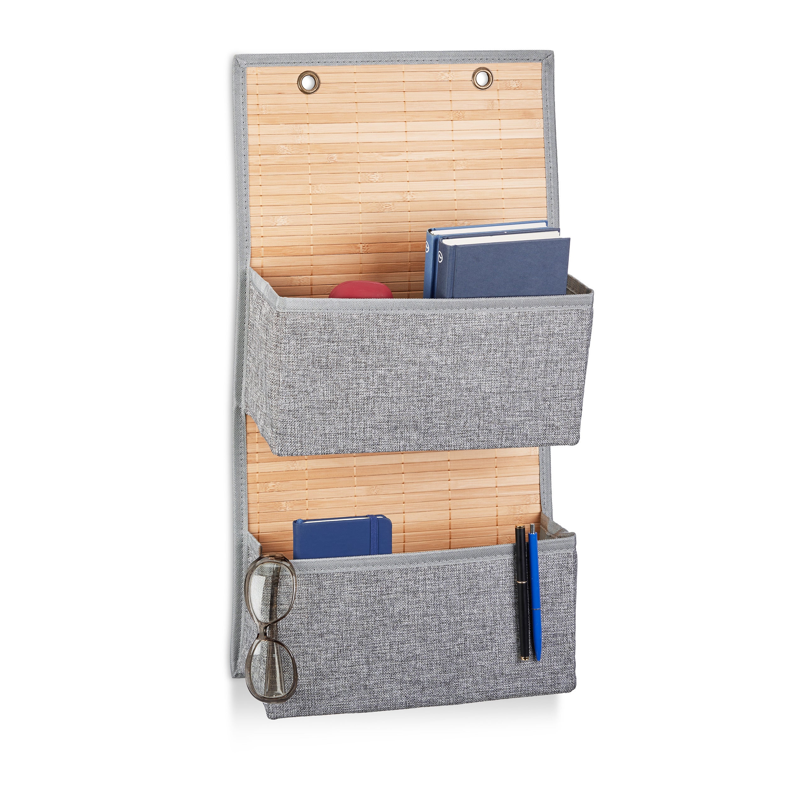 Rangement Mural Suspendu Relaxdays - 3 Compartiments En Bambou Et Tissu Gris - 94x33x12 Cm