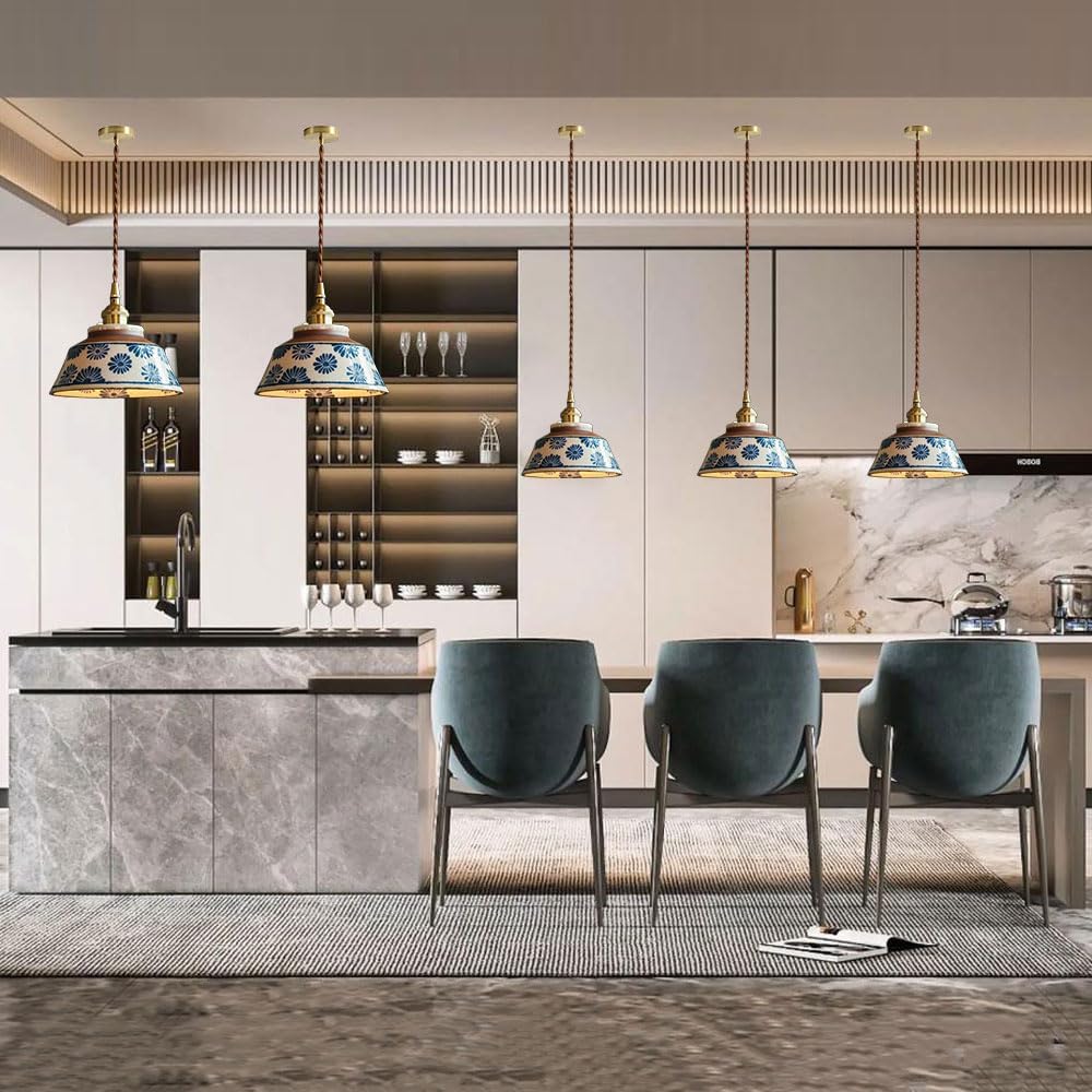 Lampă suspendată modernă din porțelan albastru și alb, ceramică clasică, bec mic E27 cu 1 bec, semi-integrată, pentru hotel/cafenele