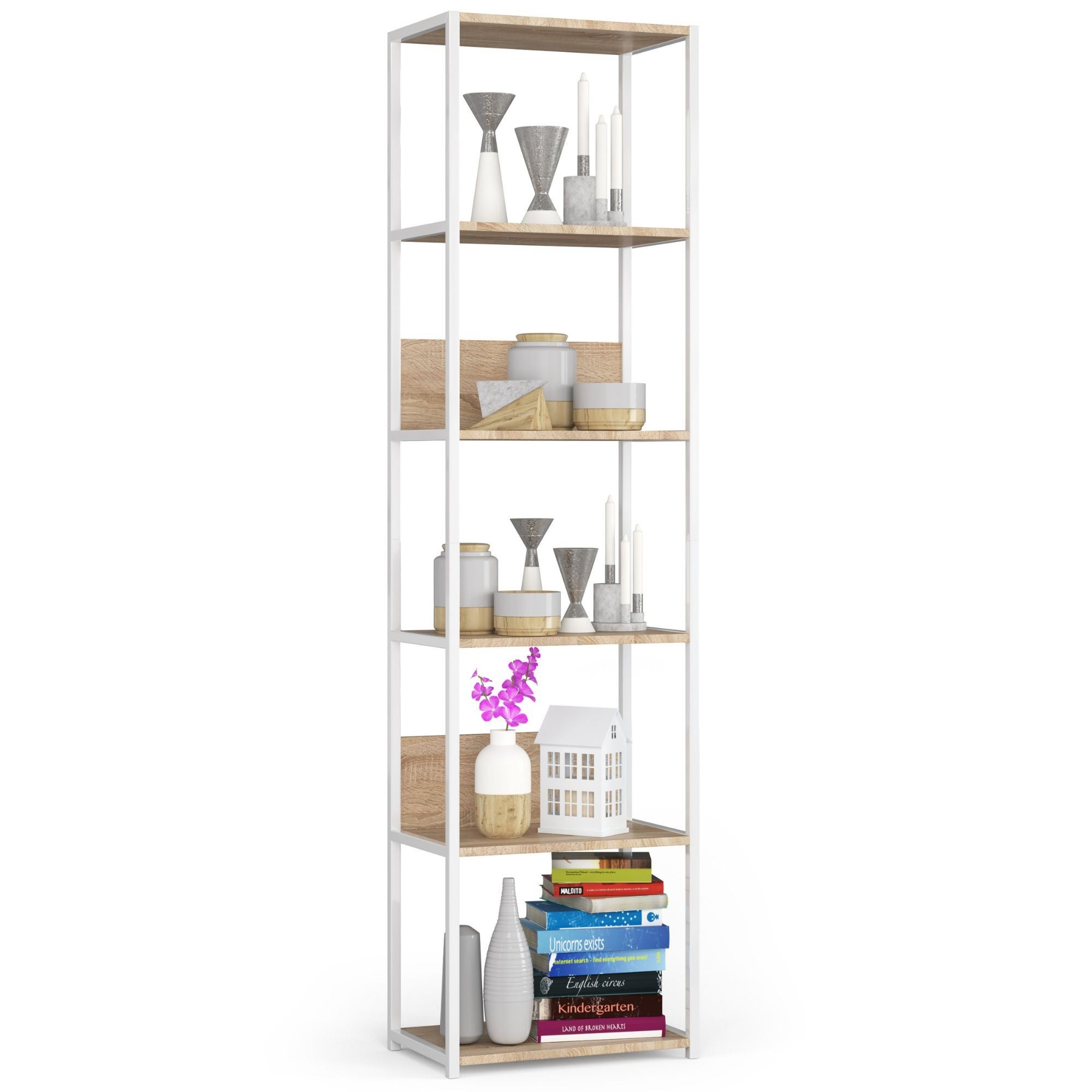 Regał loft AKORD metalowy Biały 50 cm kolor Dąb Sonoma mat 6 półek 50x32x192 cm