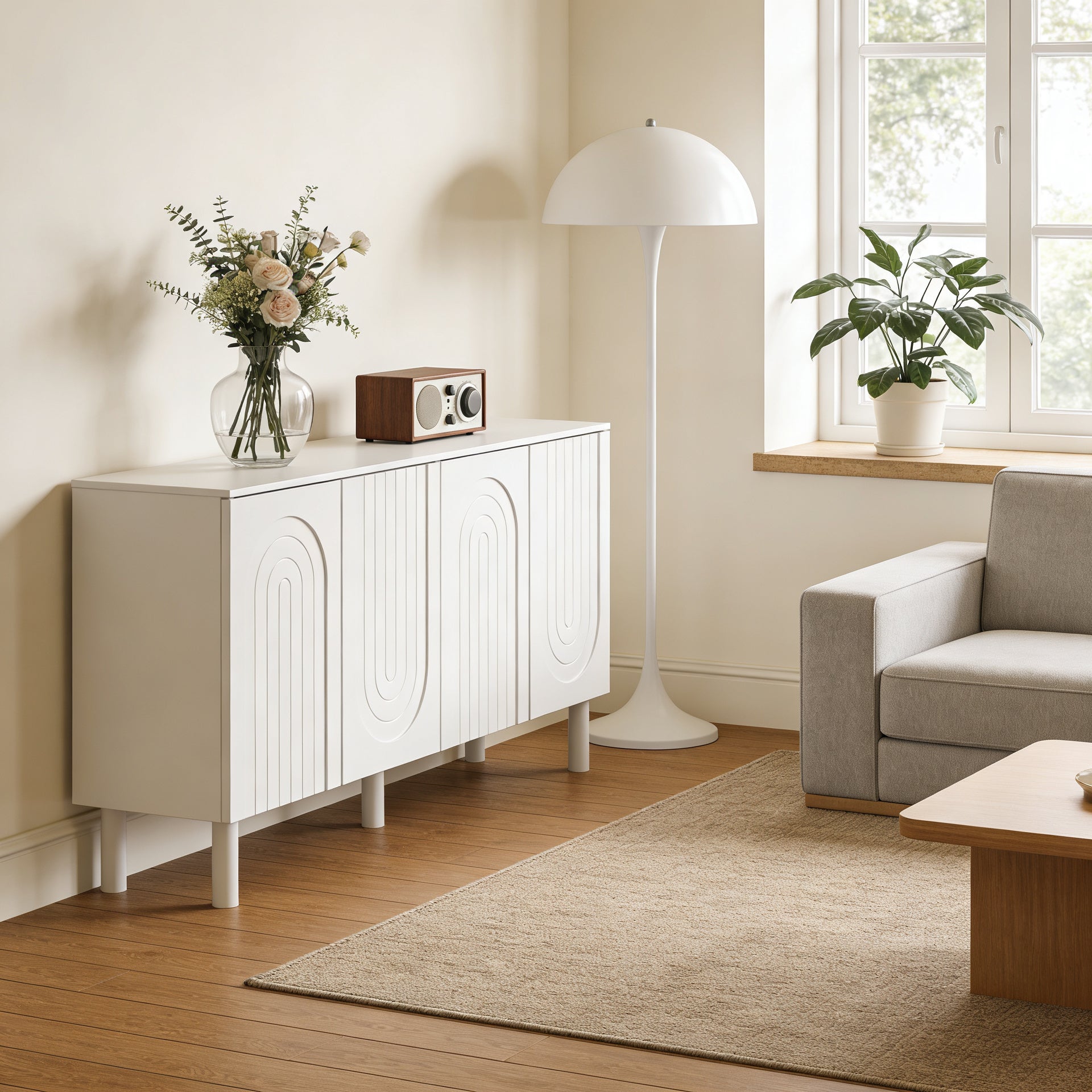Buffet Bas avec 4 Portes et Pieds Hauts pour Salle à Manger, Meuble de Salon avec Façade Sculptée,160x40x80, Blanc - 5