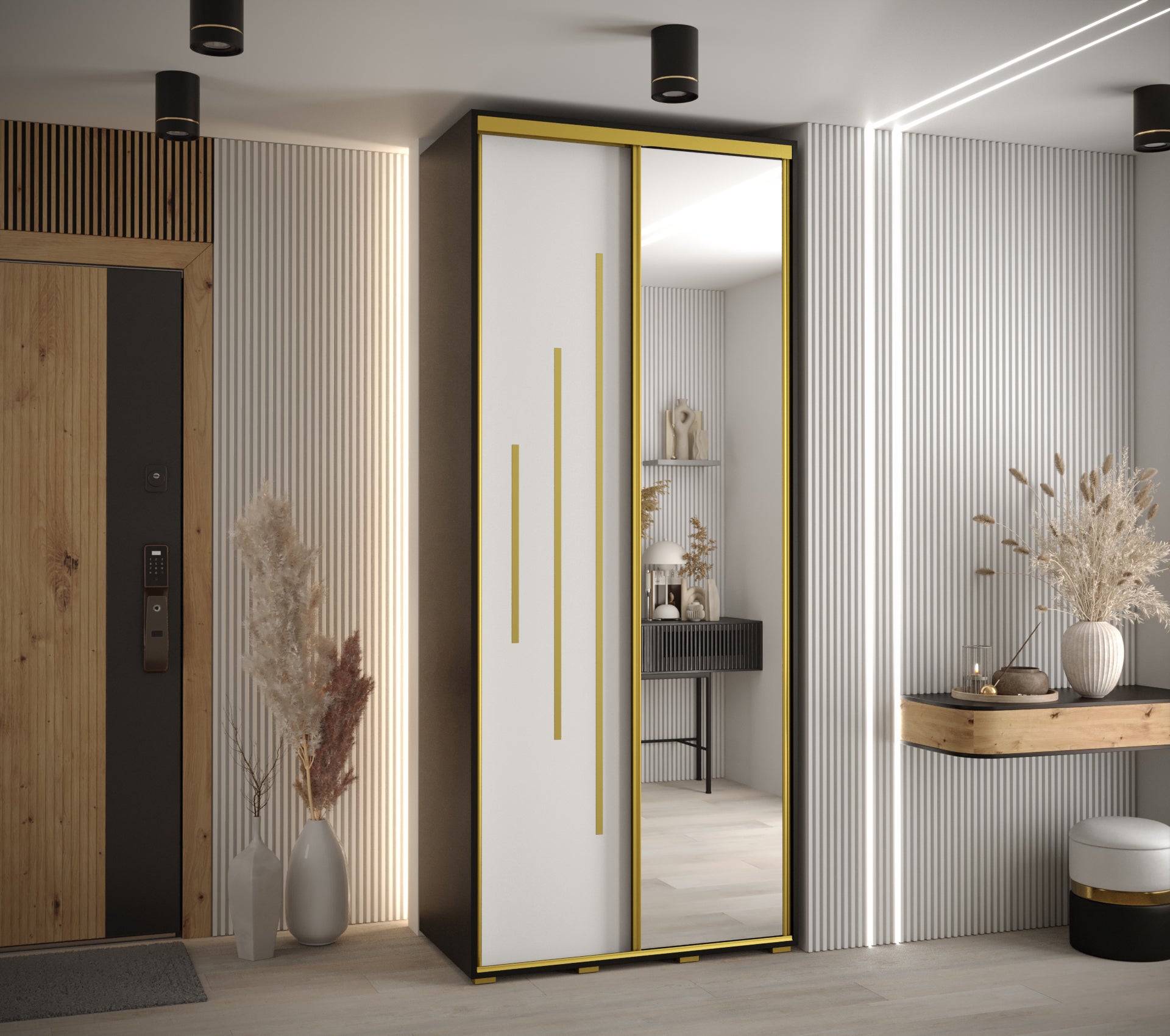 Szafa przesuwna z lustrem wysoka Davos 13 120 x 60 x 235,2 cm czarny + biały + u. złoty - Abiks Meble - 2