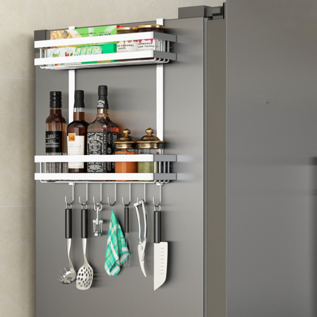 Uchwyt ścienny do lodówki, półka na lodówkę, stojak na przyprawy kuchenne, bez wiercenia, srebrny, 39*9,2*48,5 cm