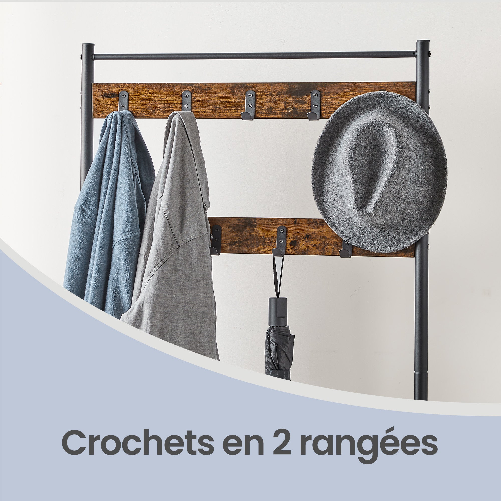 Portemanteau, 32 x 70 x 175 cm, Vestiaire avec Banc de Rangement pour Chaussures, Style Industriel, Marron et Noir - 4