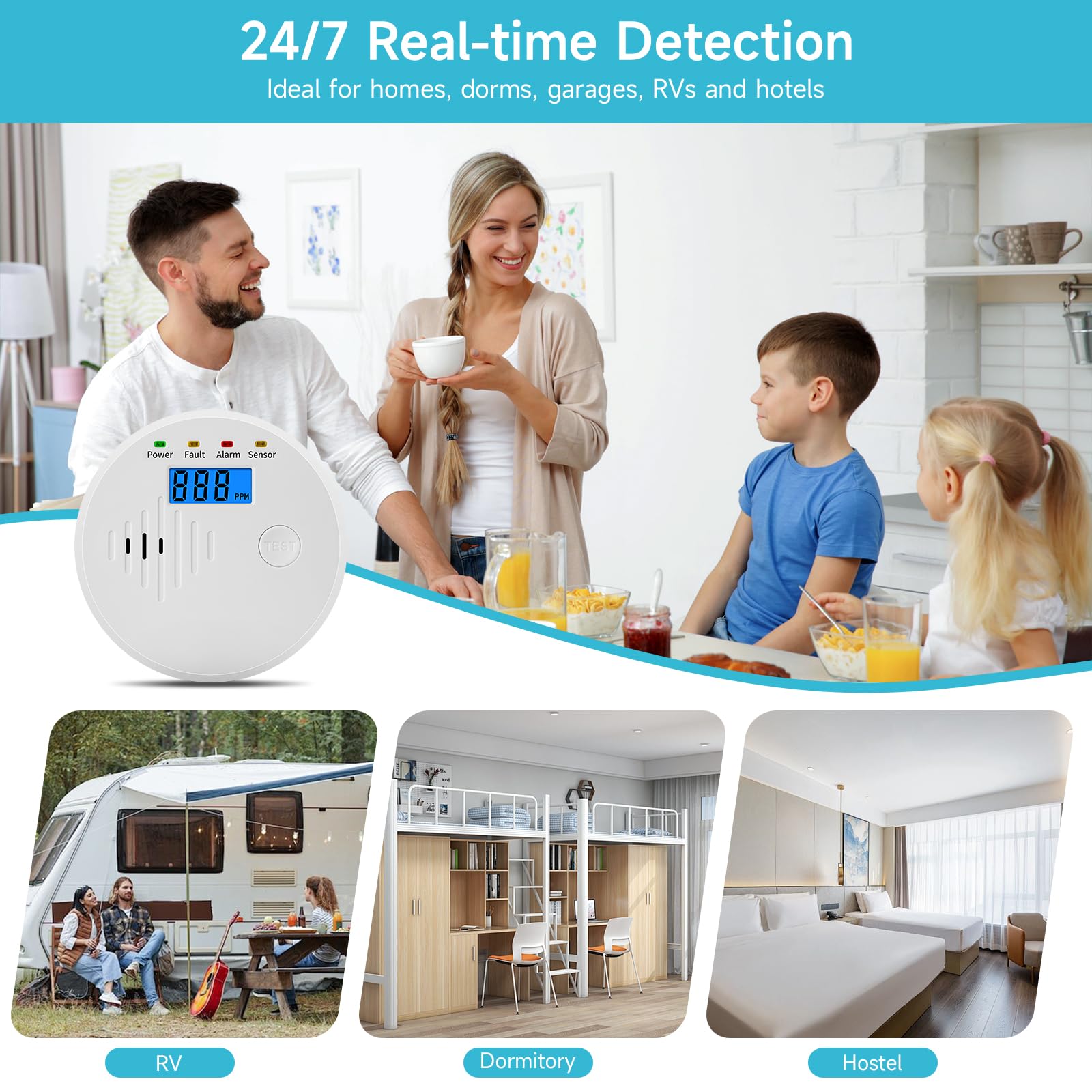 Detector de monóxido de carbono con pantalla LCD digital, alarma sonora y visual, funciona con pilas. - 9