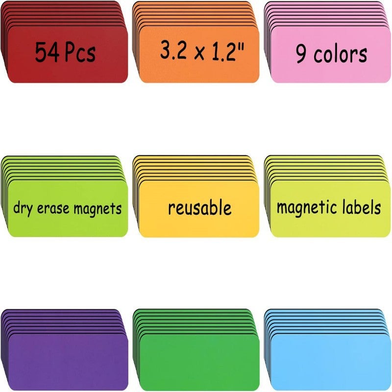 54 Magnetyczne etykiety do pisania 80x30mm, Ścieralne karty magnetyczne, do tablic, lodówek