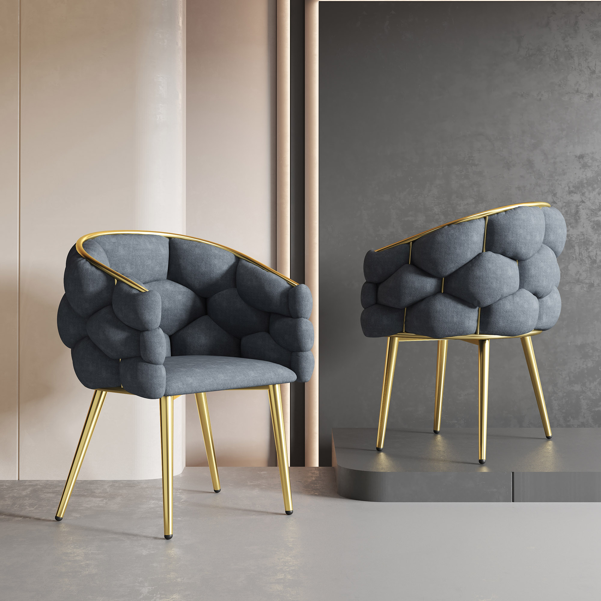 1 silla de terciopelo de lujo (1 juego de tumbonas y 1 silla de moda moderna), patas de hierro dorado, silla gris, silla burbuja