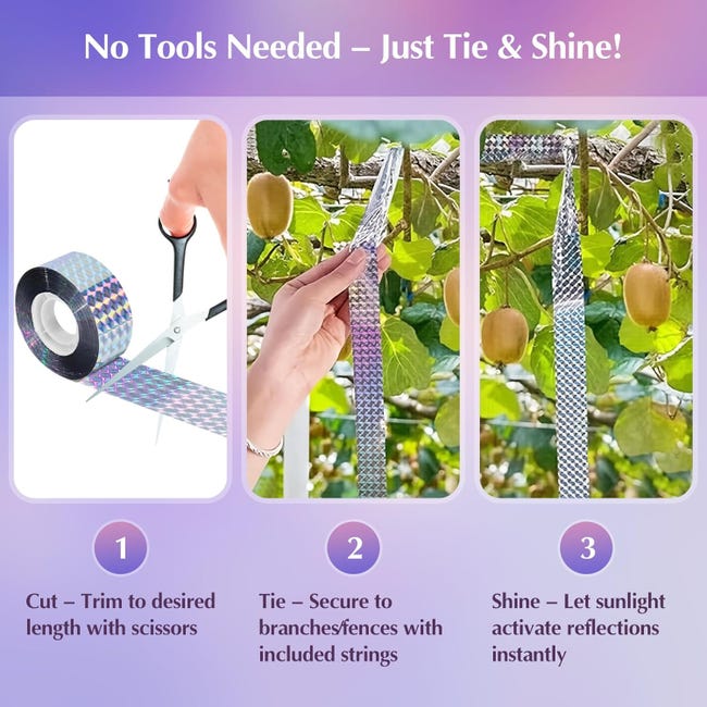 Nastro Anti Uccelli,2 Pezzi Nastro Repellente Antiuccelli,Nastro Riflettente Uccelli,Nastro Deterrente,Doppio Lato Laser Bird Scare Tape,per Spaventare Gli Uccelli,Proteggi Il Balcone,Giardino,50m - Foto 10