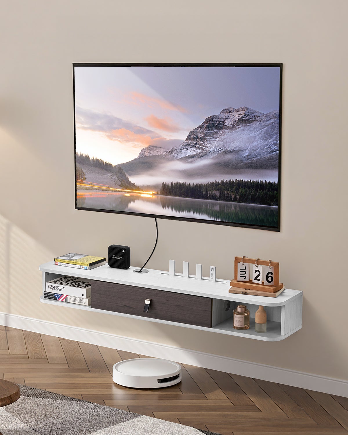 Szafka RTV z otworem na kable Wisząca szafka RTV ścienna biała 120 cm VEVOR