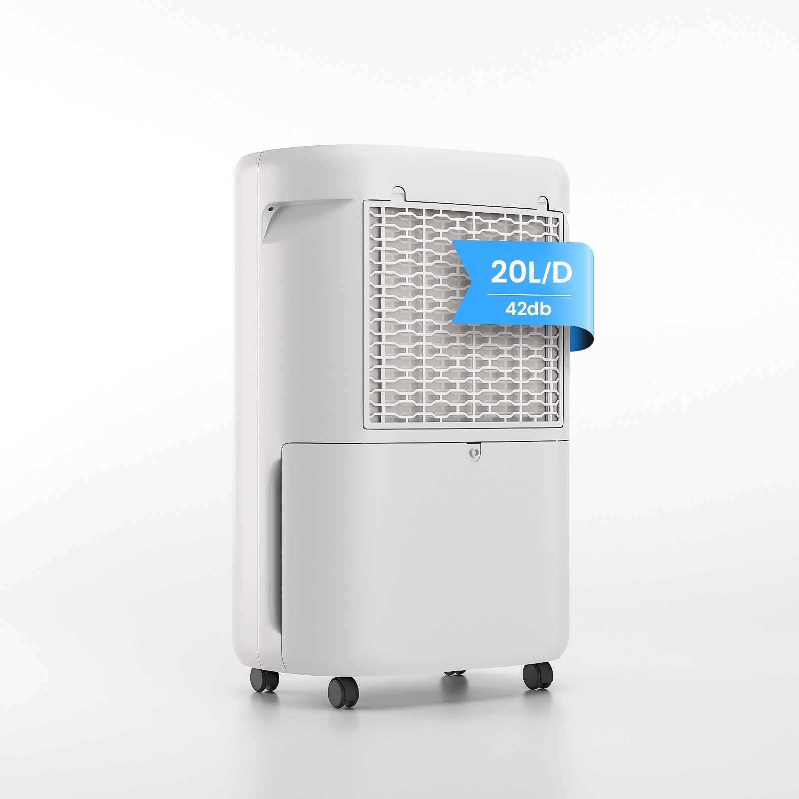 Cichy osuszacz powietrza 20 l, wydajność osuszania 40-60 m², cicha praca 42 dB, podwójny system odpływowy