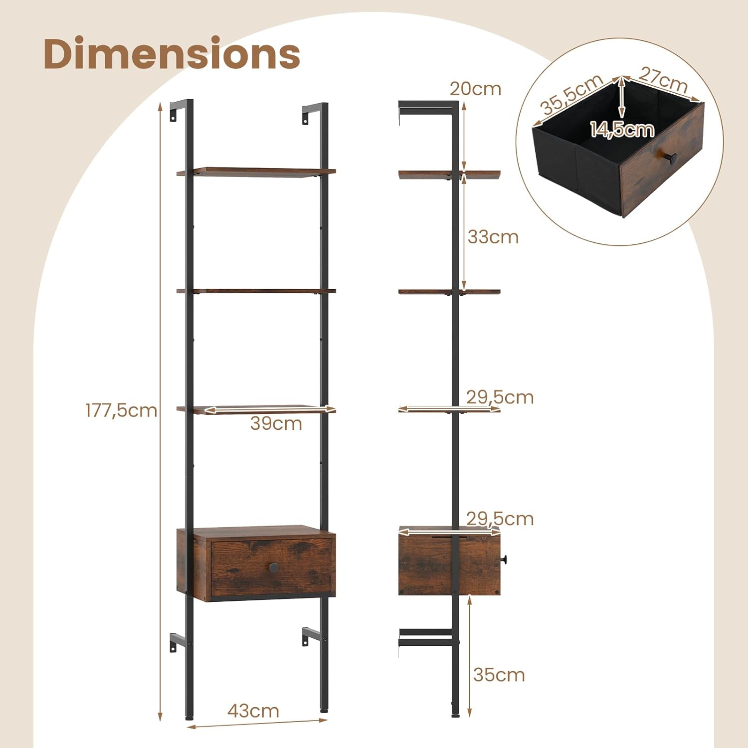 Furologee Scaffale A Scala 5 Livelli Con Cassetto – Libreria Alta E Stretta In Stile Industriale, Marrone Rustico
