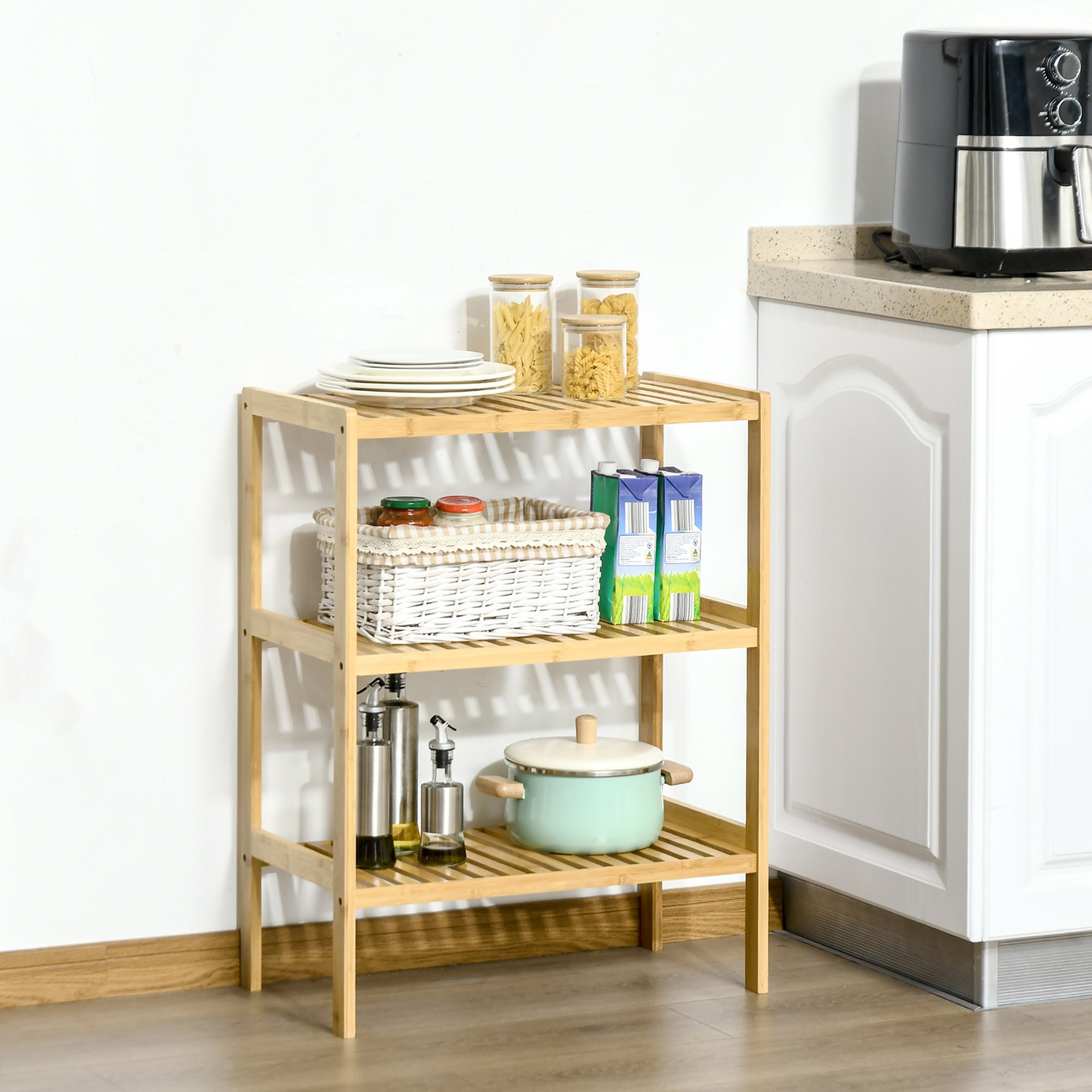Badregal Standregal 3 Ebenen Bambusregal Küchenregal für Bad Küche Wohnzimmer Flur Natur 62 x 33 x 80 cm