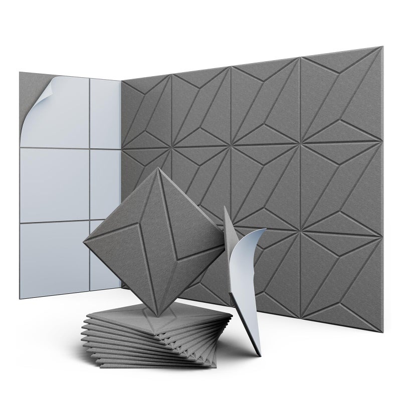 12pcs dźwiękochłonnych paneli ściennych o wysokiej gęstości, płytki dźwiękochłonne, panele ścienne samoprzylepne, 30 cm x 30 cm x 9 mm, ciemnoszary