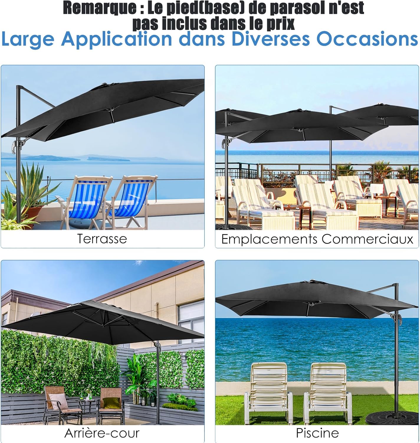 Parasol Déporté Inclinable 3x3 M, Parasol de Jardin Extérieur Pliable, Base Croisée Rotatif à 360°, Protection UV, (Noir, Carré) - 7