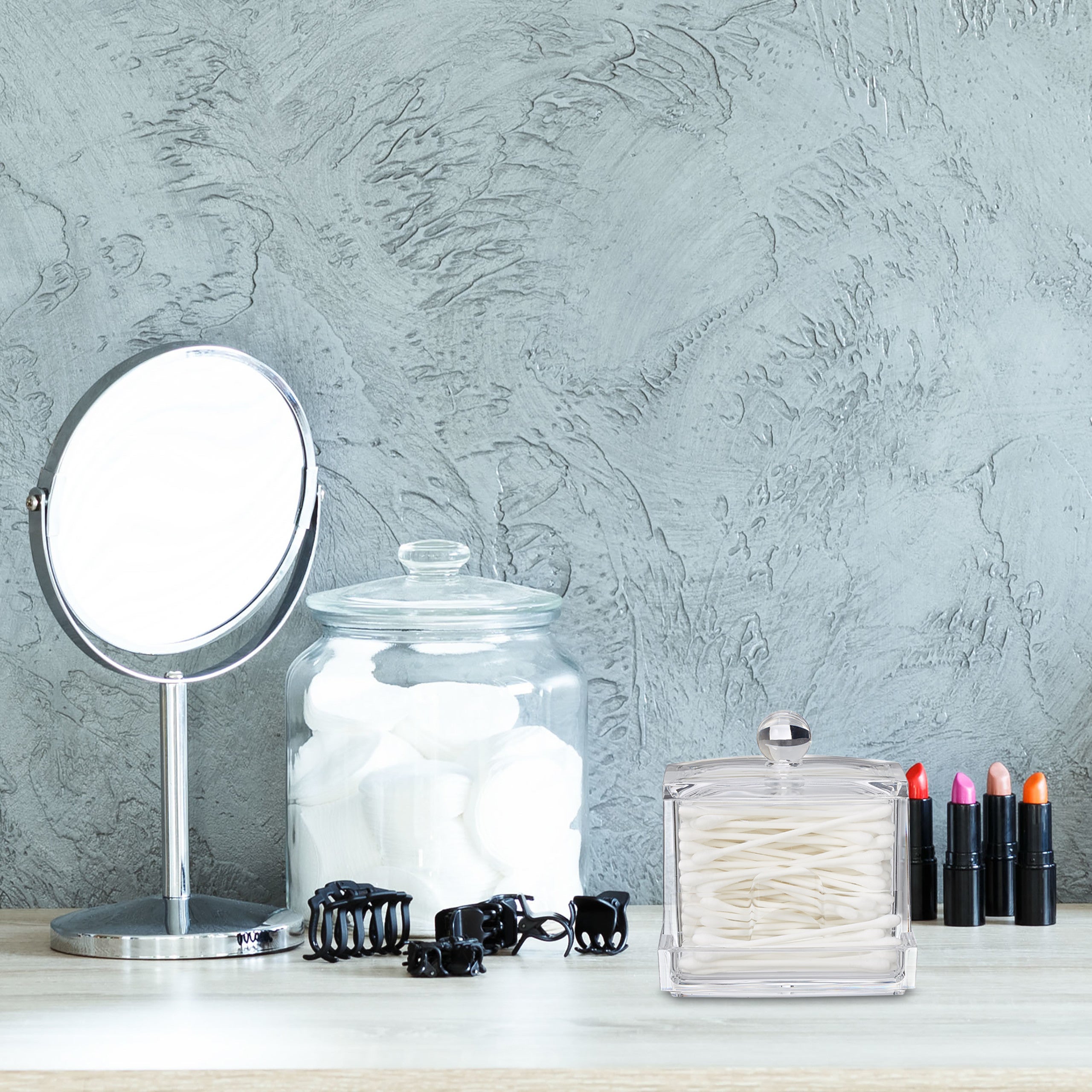 Distributeur coton-tiges, acrylique, bambou, grande boîte, rangement, salle de bain, transparent/nature, Relaxdays - 3