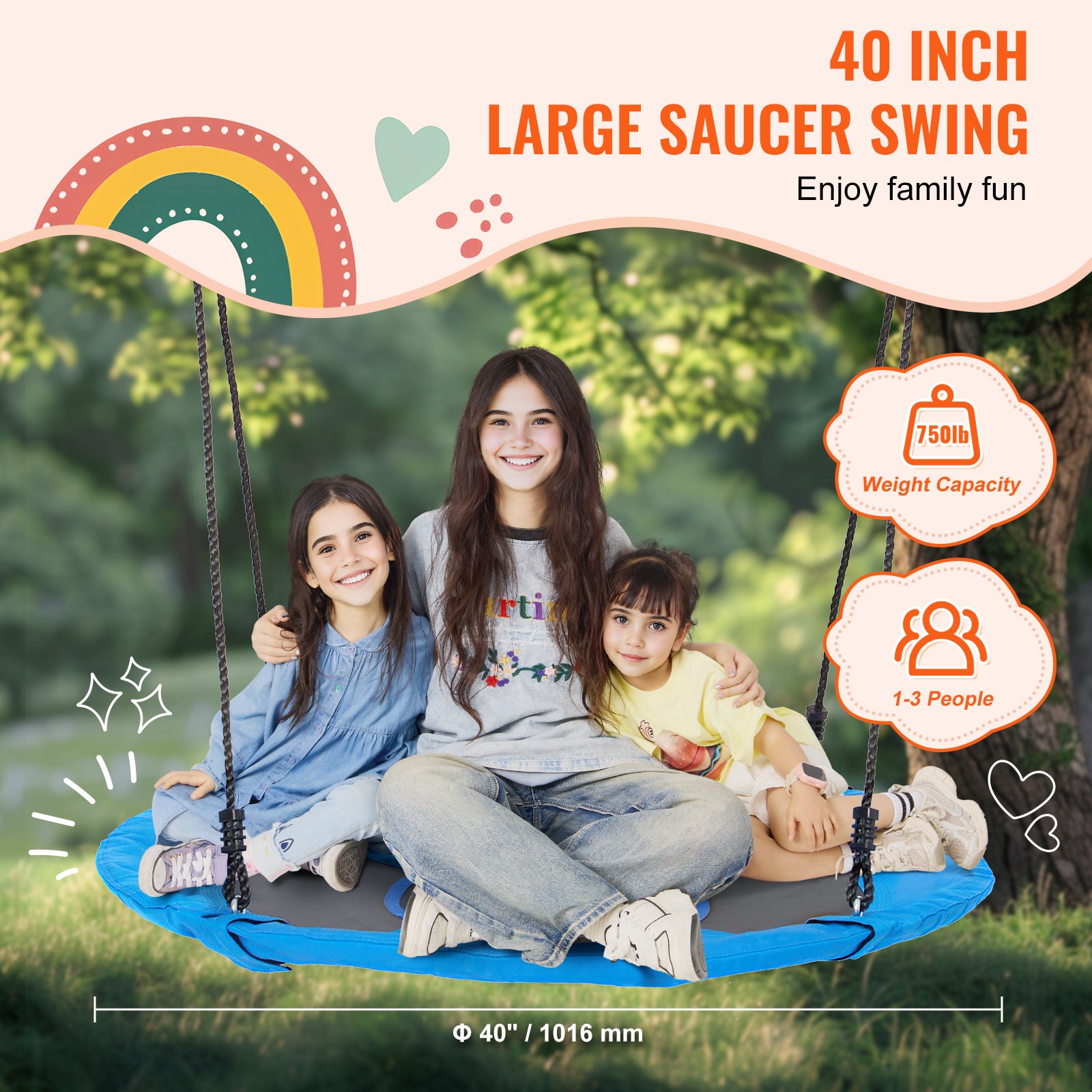 Balançoire d'arbre,SucceBuy balançoire soucoupe de 40 pouces,capacité de 750 lb,siège en tissu Oxford 900D avec 2 sangles et cordes réglables,bleu - 4
