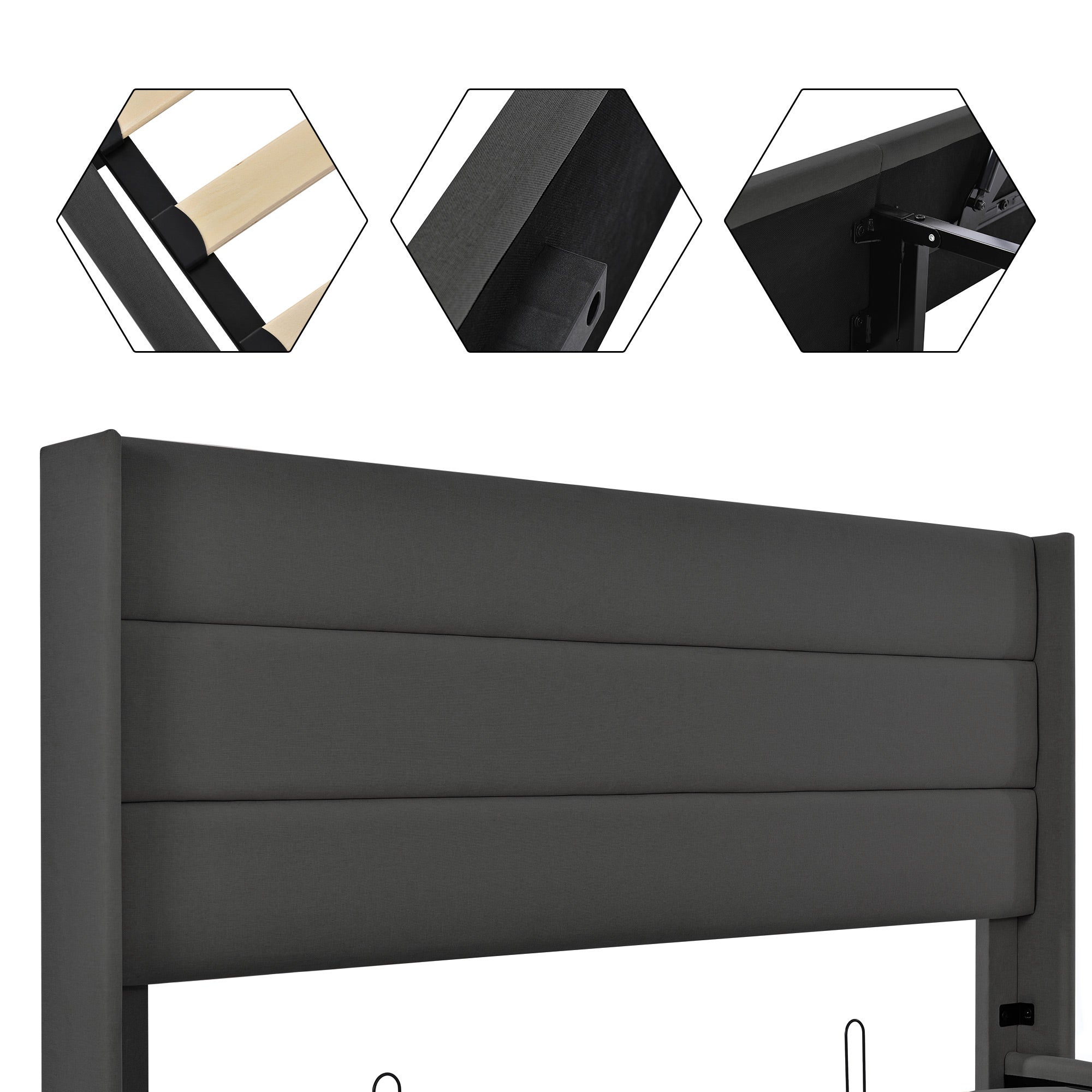 Letto matrimoniale 160x200cm con struttura in metallo, rete a doghe, letto imbottito per adulti in lino - Grigio - 5