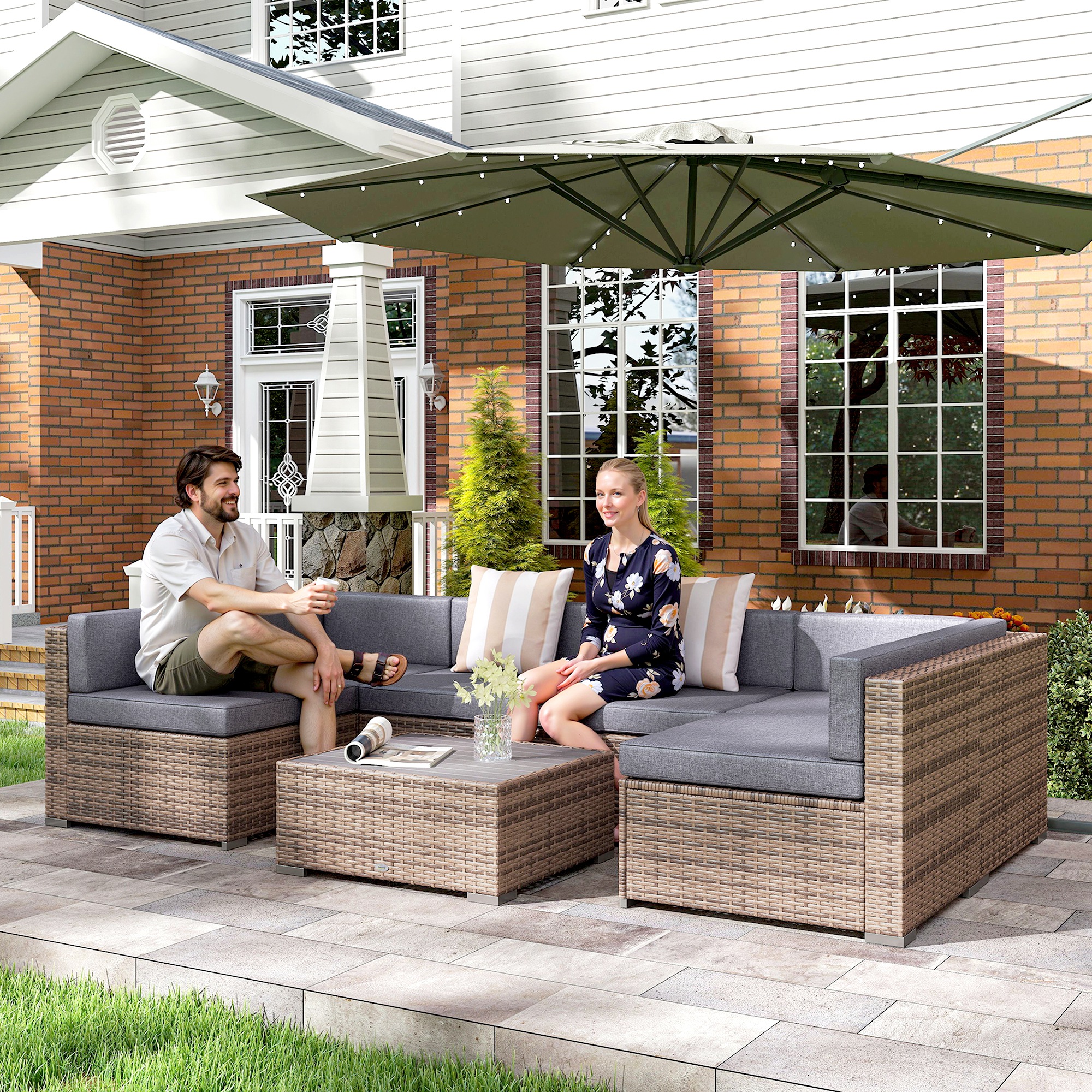 Tidyard Set Divani Da Giardino Modulari In Bambù, 6 Pezzi Con Penisola, Poltrona E Tavolino, Cuscini Bianco Crema