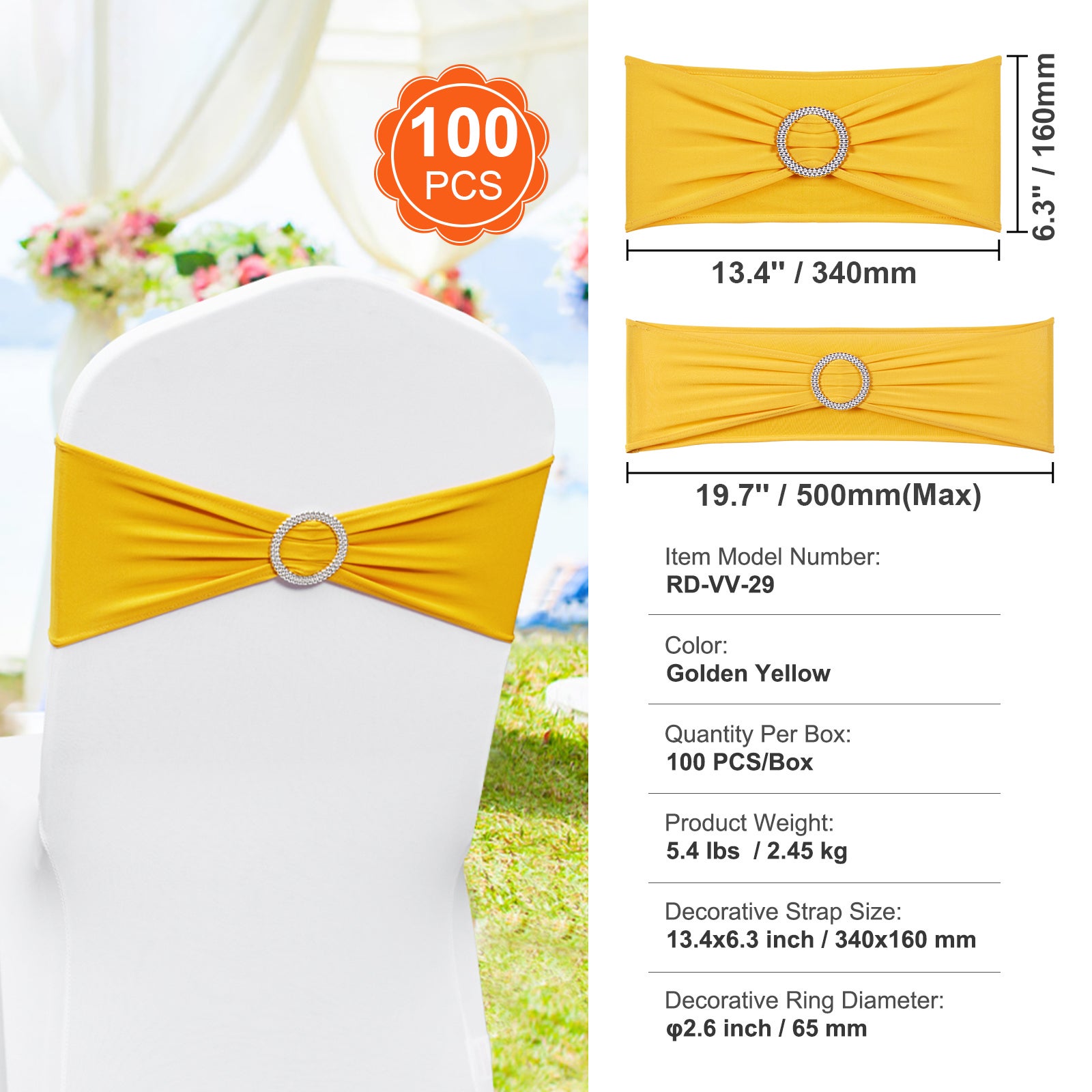 Écharpes chaise extensible,SucceBuy housse avec boucle ronde,bandes élastiques,100 pièces jaune doré pour décoration de mariage,vacances et fête - 9